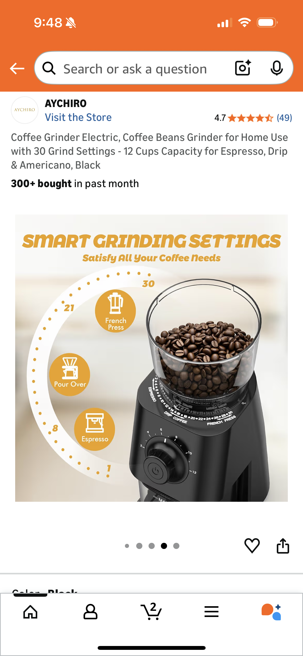 Coffee Grinder Electric, Coffee Beans Grinder for Home Use with 30 Grind Settings - 12 Cups Capacity for Espresso, Drip & Americano, Black