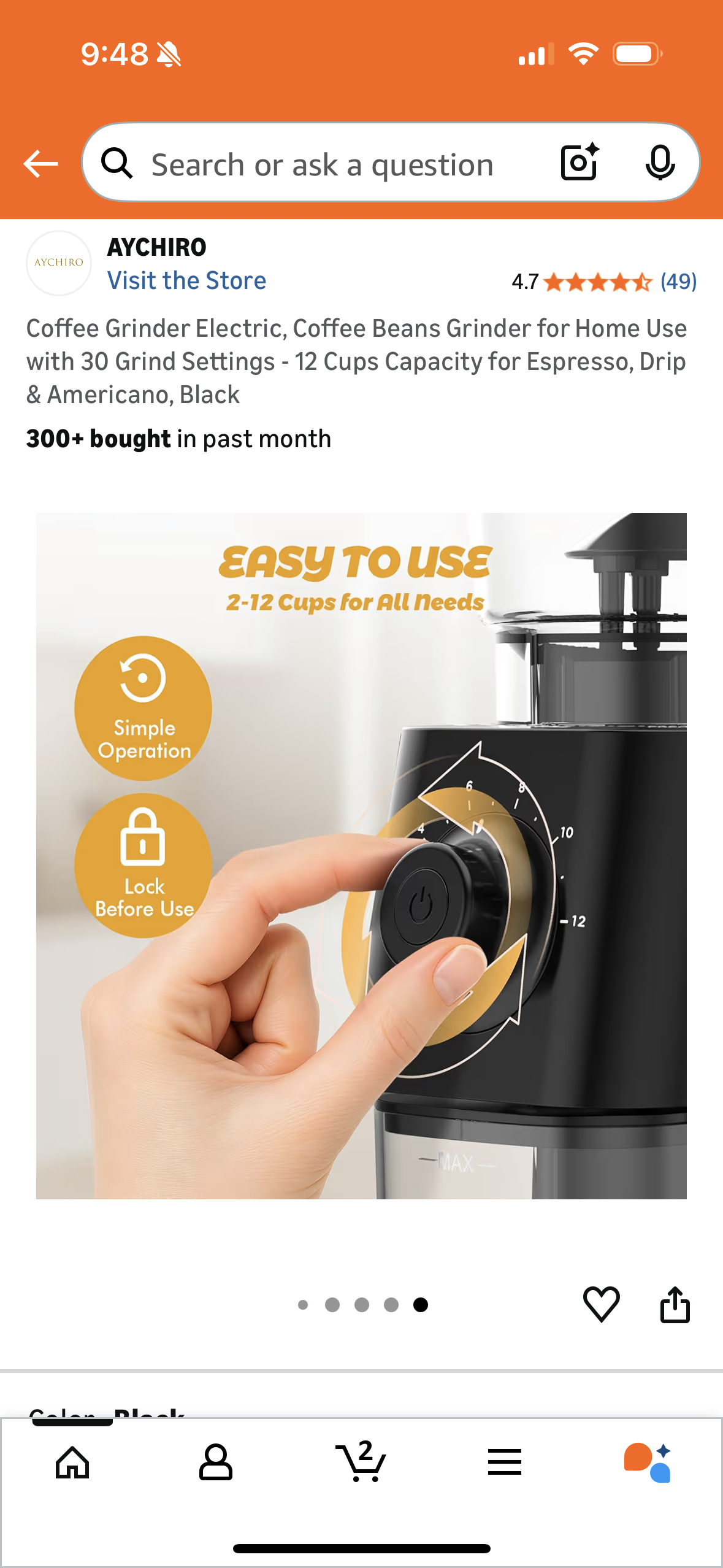 Coffee Grinder Electric, Coffee Beans Grinder for Home Use with 30 Grind Settings - 12 Cups Capacity for Espresso, Drip & Americano, Black