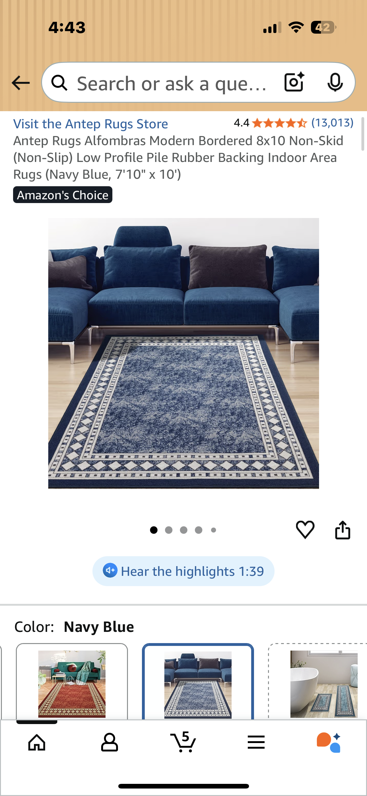 Antep Rugs Alfombras Modern Bordered 8x10 Non-Skid (Non-Slip) Low Profile Pile Rubber Backing Indoor Area Rugs (Navy Blue, 7'10" x 10') (L1083)