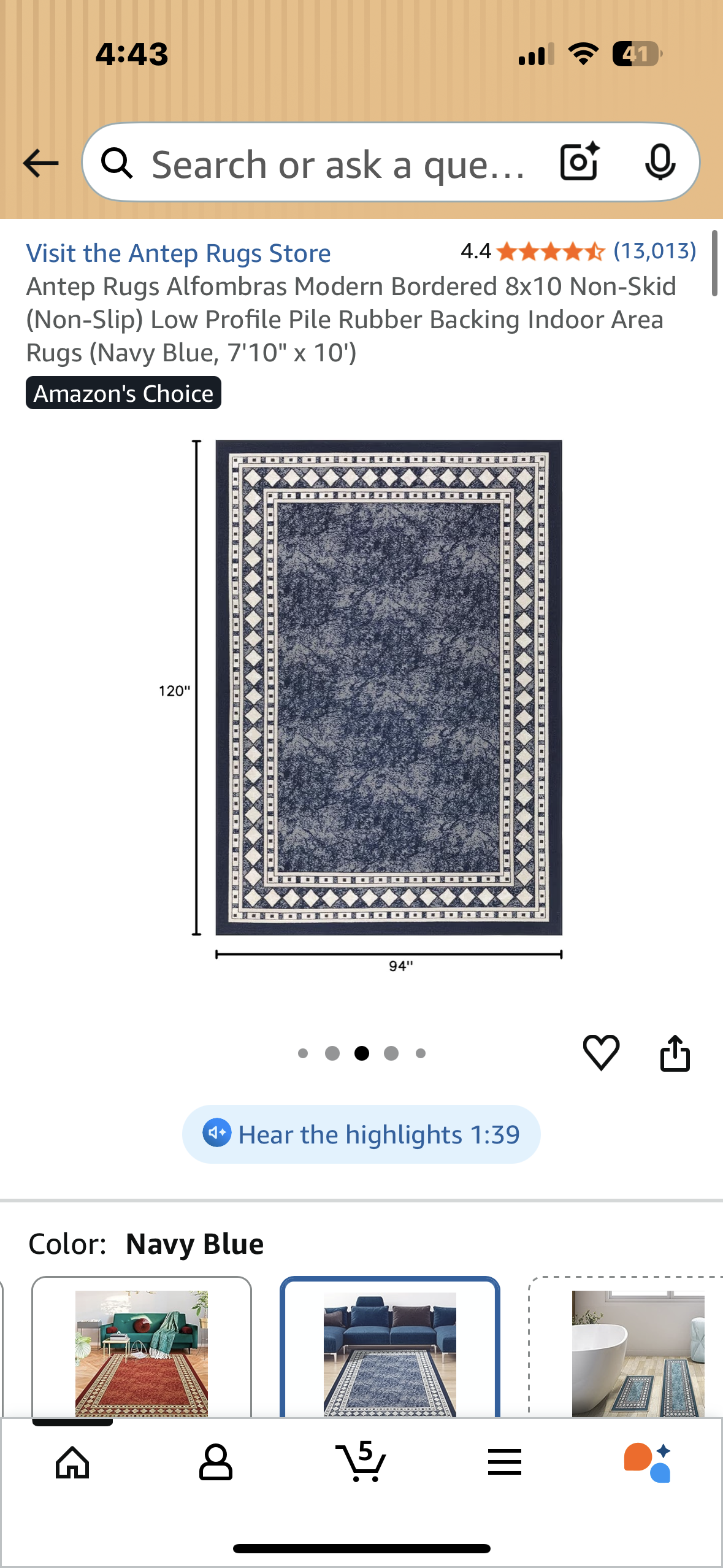 Antep Rugs Alfombras Modern Bordered 8x10 Non-Skid (Non-Slip) Low Profile Pile Rubber Backing Indoor Area Rugs (Navy Blue, 7'10" x 10') (L1083)