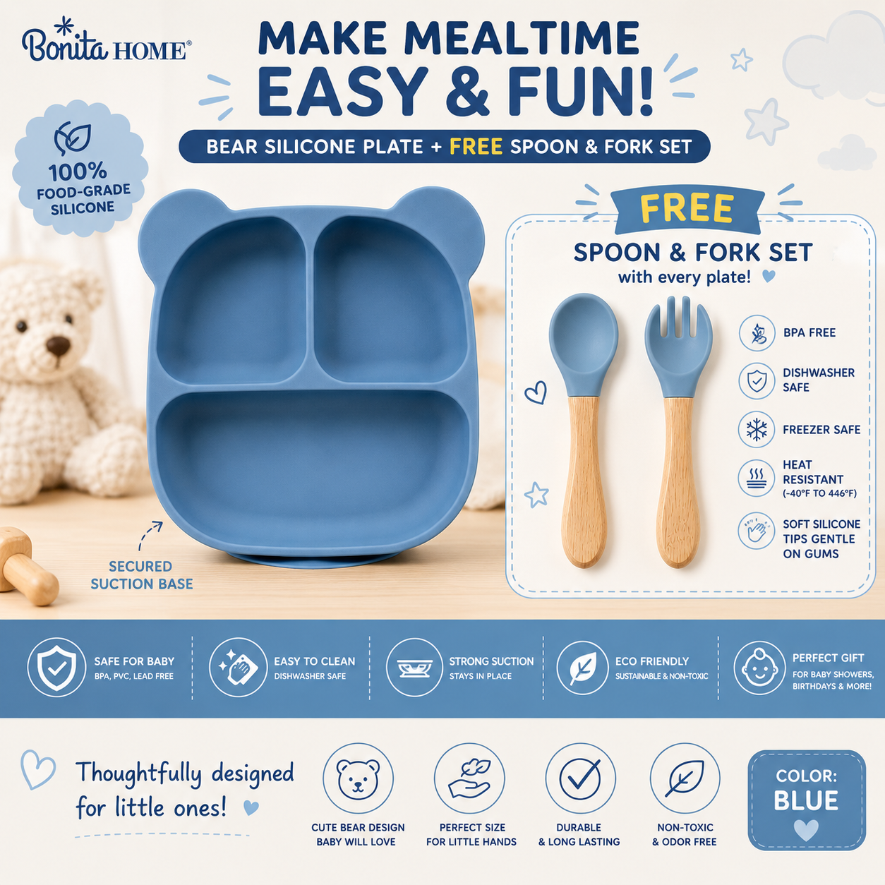 Bonita Home Bear Silicone Suction Divided Plate (Blue) with FREE Spoon and Fork Set