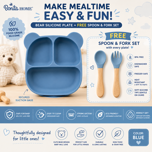 Bonita Home Bear Silicone Suction Divided Plate (Blue) with FREE Spoon and Fork Set