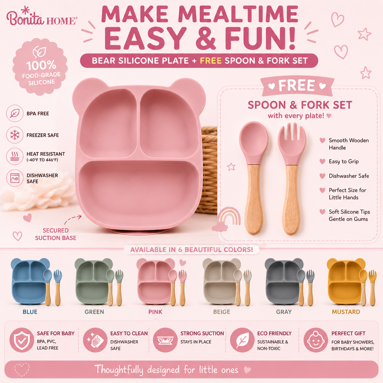 Bonita Home Bear Silicone Suction Divided Plate (Pink) with FREE Spoon and Fork Set