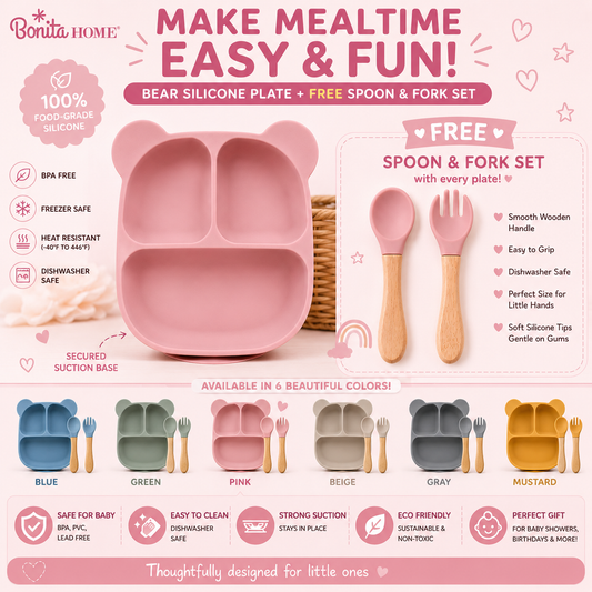 Bonita Home Bear Silicone Suction Divided Plate (Pink) with FREE Spoon and Fork Set