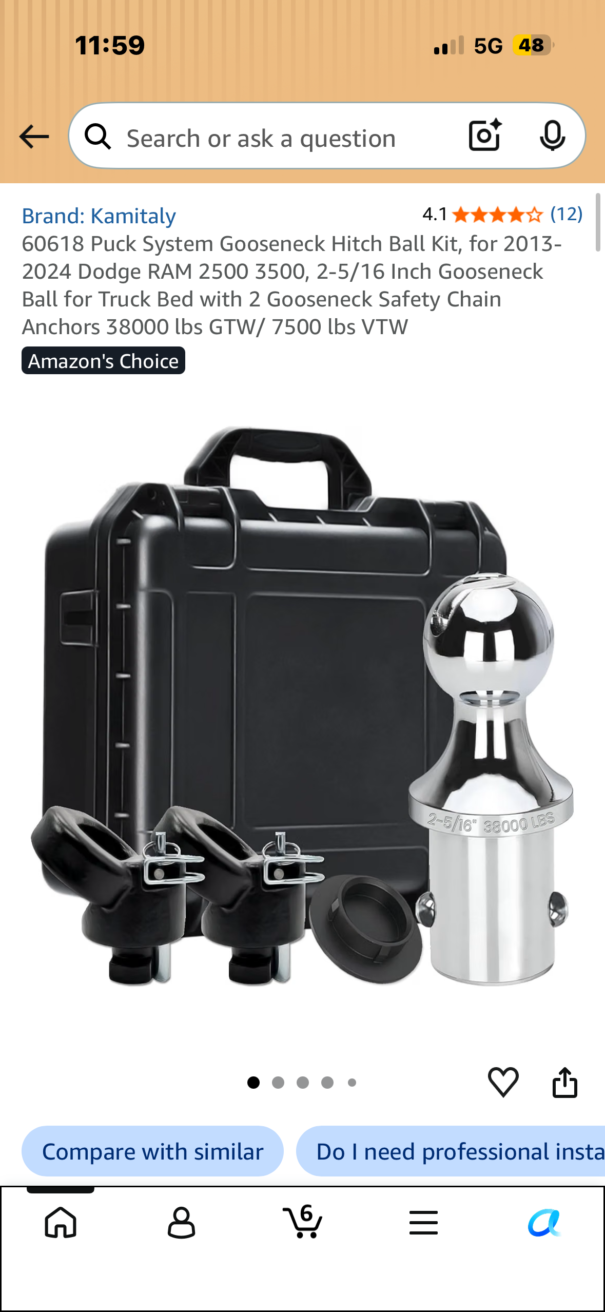 60618 Puck System Gooseneck Hitch Ball Kit, for 2013-2024 Dodge RAM 2500 3500, 2-5/16 Inch Gooseneck Ball for Truck Bed with 2 Gooseneck Safety Chain Anchors 38000 lbs GTW/ 7500 lbs VTW