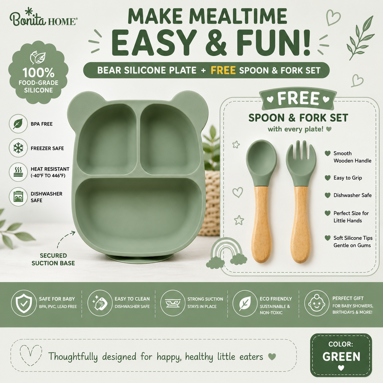 Bonita Home Bear Silicone Suction Divided Plate (Green) with FREE Spoon and Fork Set