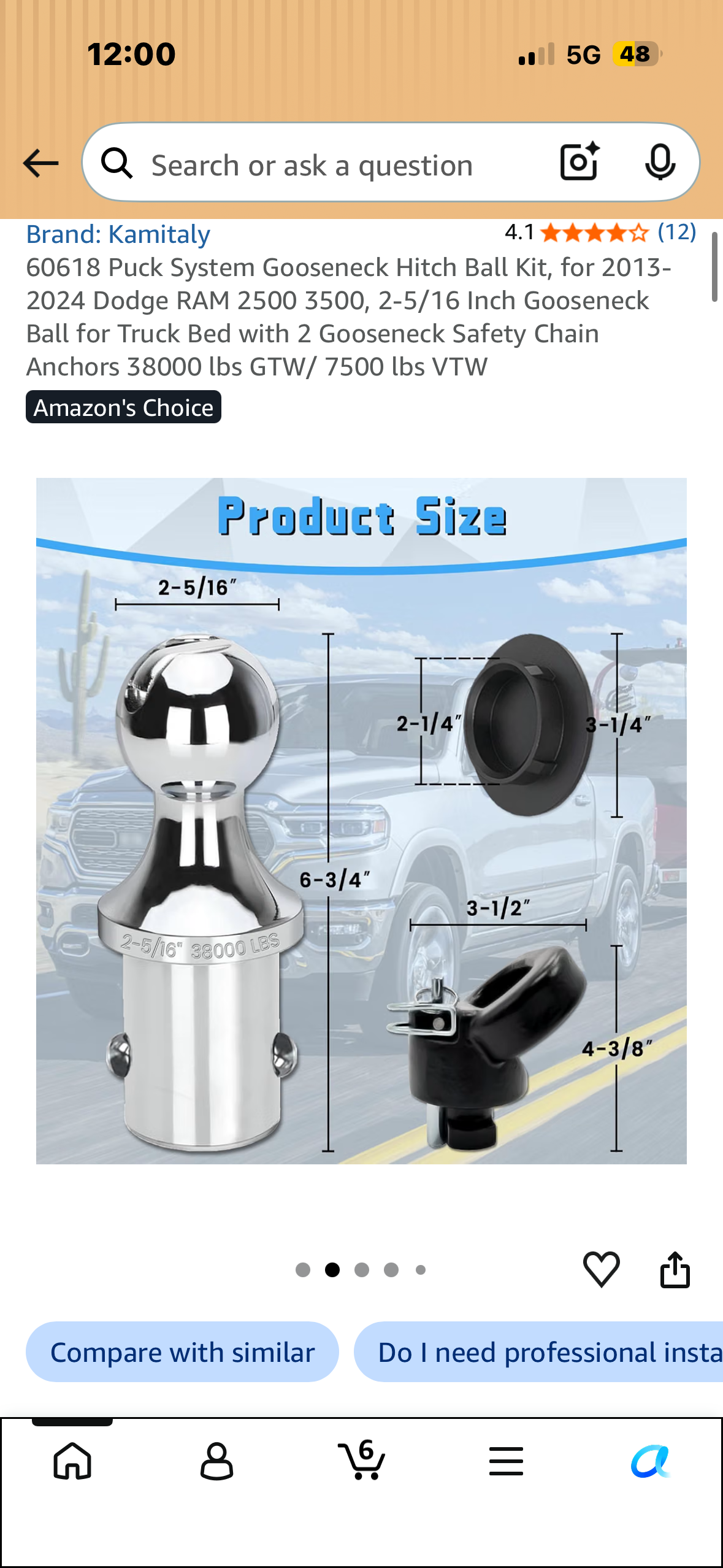 60618 Puck System Gooseneck Hitch Ball Kit, for 2013-2024 Dodge RAM 2500 3500, 2-5/16 Inch Gooseneck Ball for Truck Bed with 2 Gooseneck Safety Chain Anchors 38000 lbs GTW/ 7500 lbs VTW