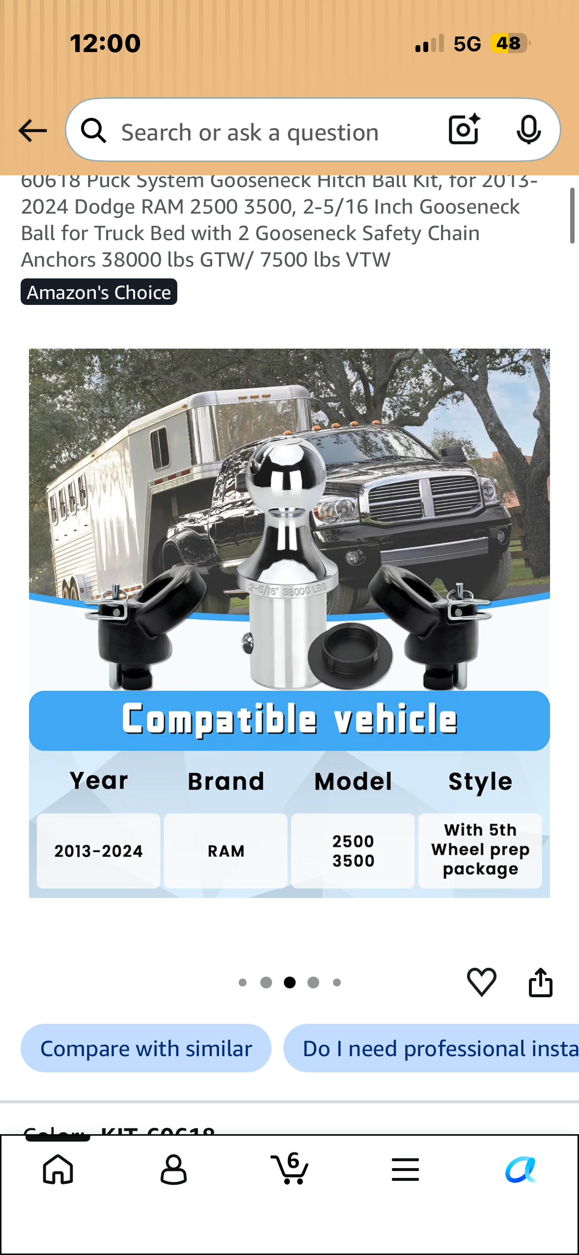 60618 Puck System Gooseneck Hitch Ball Kit, for 2013-2024 Dodge RAM 2500 3500, 2-5/16 Inch Gooseneck Ball for Truck Bed with 2 Gooseneck Safety Chain Anchors 38000 lbs GTW/ 7500 lbs VTW