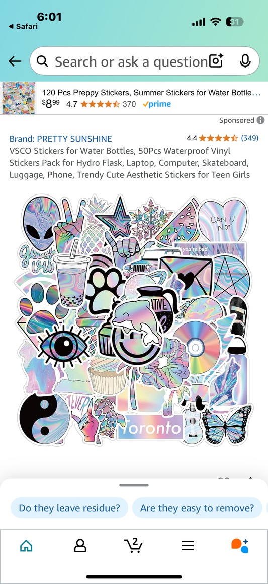 VSCO Stickers for Water Bottles, 50Pcs Waterproof Vinyl Stickers Pack for Hydro Flask, Laptop, Computer, Skateboard, Luggage, Phone, Trendy Cute Aesthetic Stickers