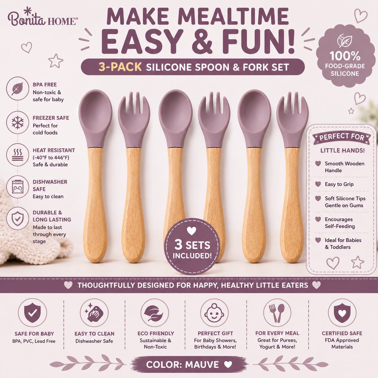 Bonita Home 3 Sets of Forks and Spoons (Mauve)