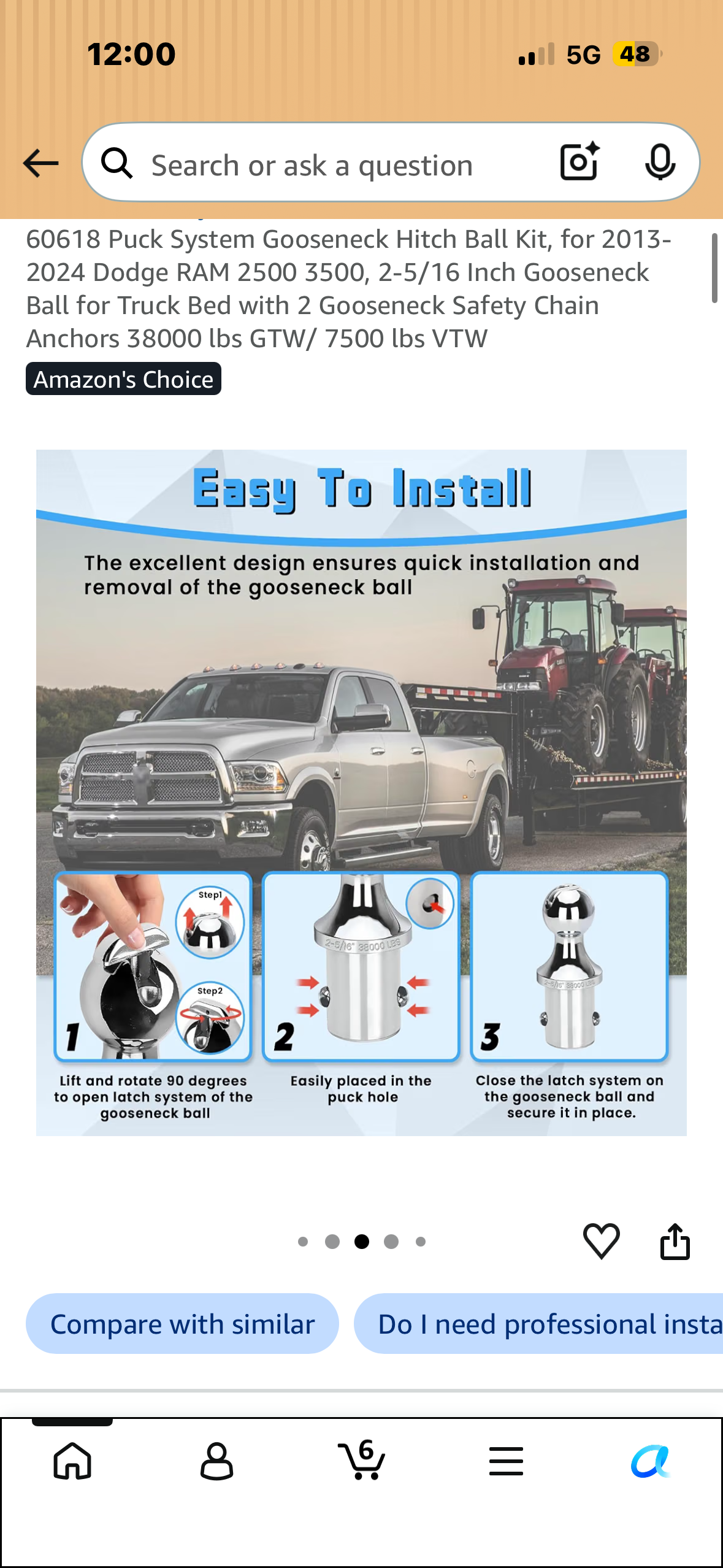 60618 Puck System Gooseneck Hitch Ball Kit, for 2013-2024 Dodge RAM 2500 3500, 2-5/16 Inch Gooseneck Ball for Truck Bed with 2 Gooseneck Safety Chain Anchors 38000 lbs GTW/ 7500 lbs VTW