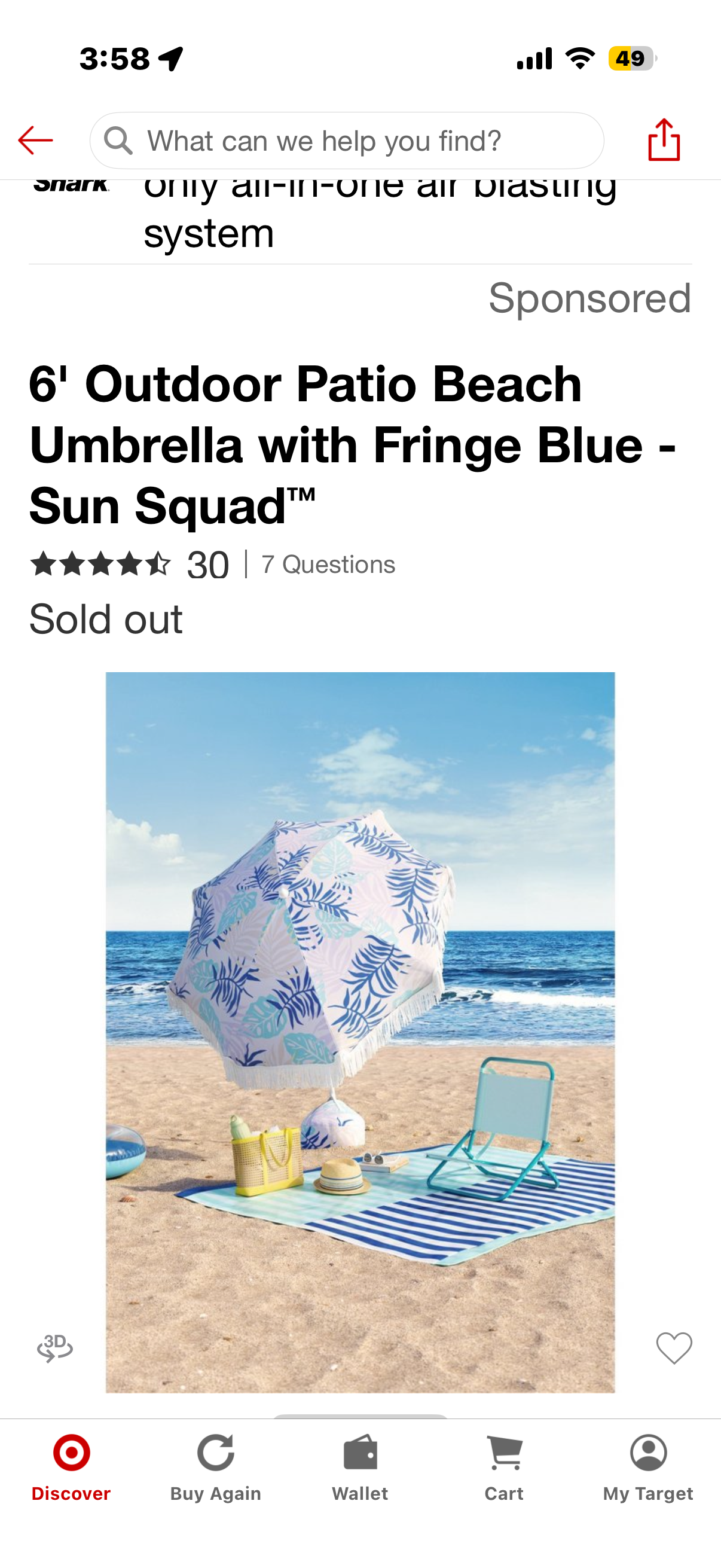 6ft  Outdoor Patio Beach Umbrella with Fringe Blue - Sun Squad™