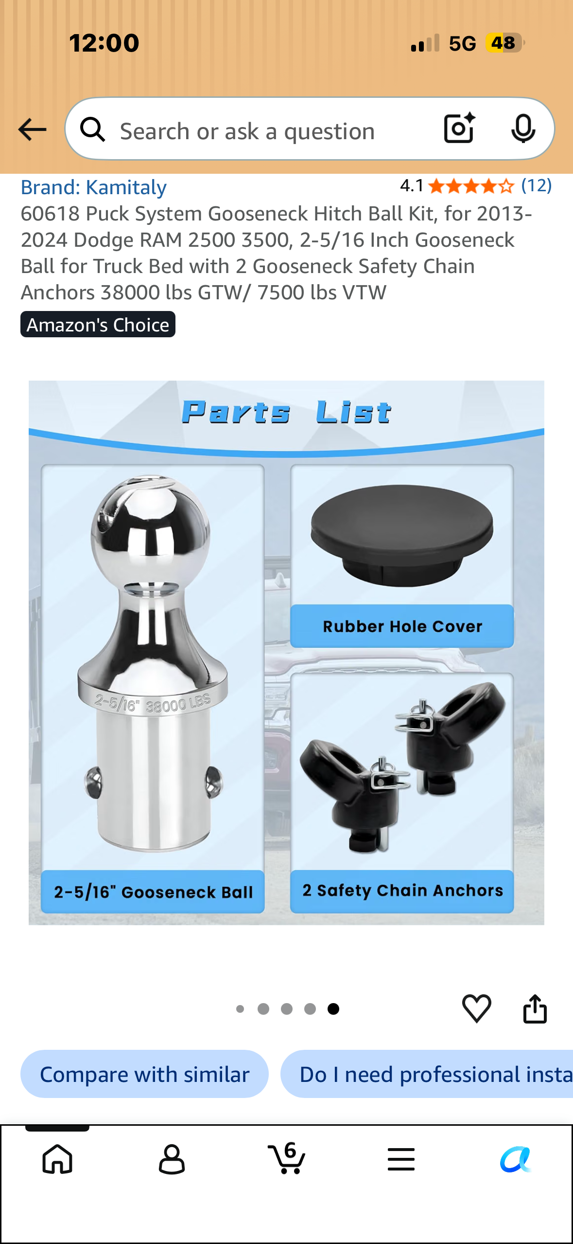 60618 Puck System Gooseneck Hitch Ball Kit, for 2013-2024 Dodge RAM 2500 3500, 2-5/16 Inch Gooseneck Ball for Truck Bed with 2 Gooseneck Safety Chain Anchors 38000 lbs GTW/ 7500 lbs VTW