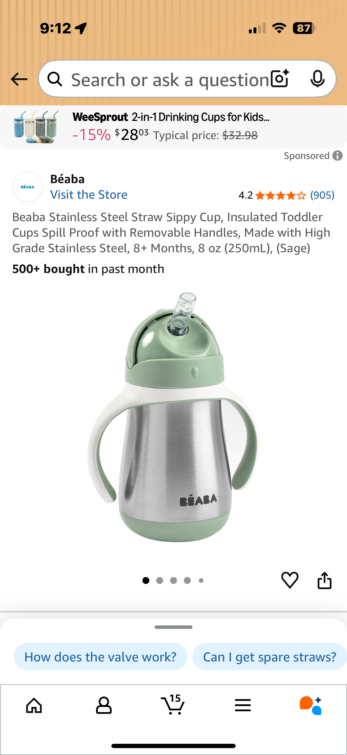 Beaba Stainless Steel Straw Sippy Cup, Insulated Toddler Cups Spill Proof with Removable Handles, Made with High Grade Stainless Steel, 8+ Months, 8 oz (250mL), (Sage