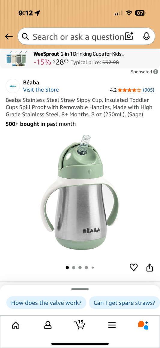 Beaba Stainless Steel Straw Sippy Cup, Insulated Toddler Cups Spill Proof with Removable Handles, Made with High Grade Stainless Steel, 8+ Months, 8 oz (250mL), (Sage