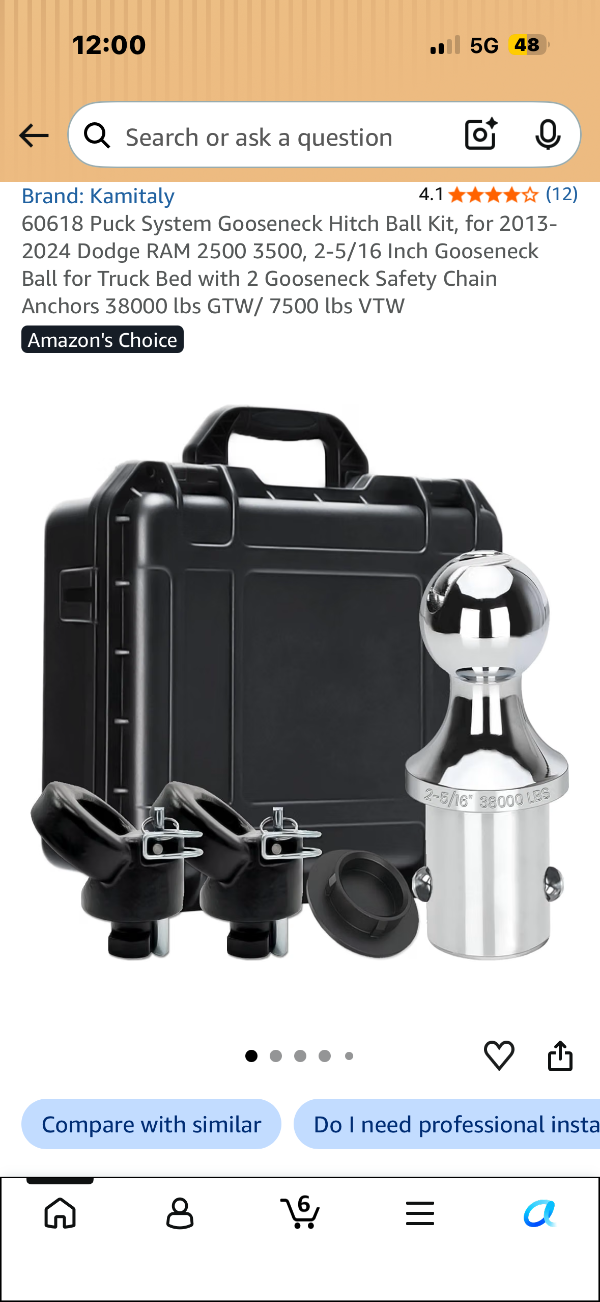 60618 Puck System Gooseneck Hitch Ball Kit, for 2013-2024 Dodge RAM 2500 3500, 2-5/16 Inch Gooseneck Ball for Truck Bed with 2 Gooseneck Safety Chain Anchors 38000 lbs GTW/ 7500 lbs VTW