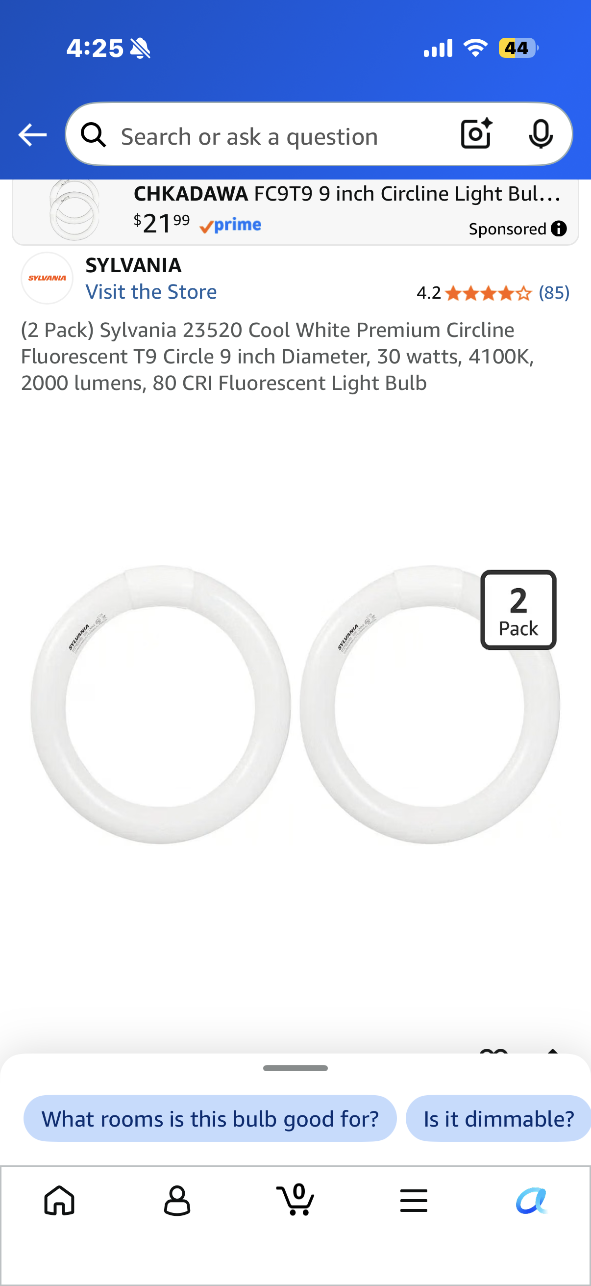 (2 Pack) Sylvania 23520 Cool White Premium Circline Fluorescent T9 Circle 9 inch Diameter, 30 watts, 4100K, 2000 lumens, 80 CRI Fluorescent Light Bulb