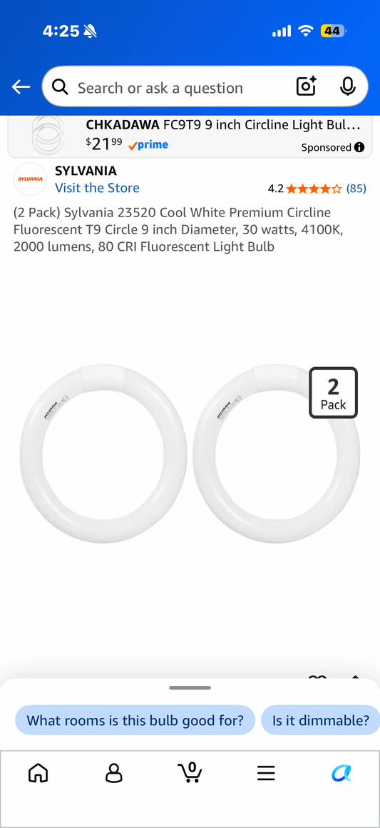 (2 Pack) Sylvania 23520 Cool White Premium Circline Fluorescent T9 Circle 9 inch Diameter, 30 watts, 4100K, 2000 lumens, 80 CRI Fluorescent Light Bulb