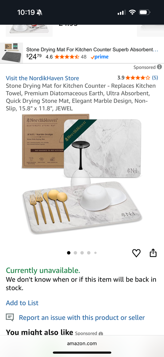 Stone Drying Mat for Kitchen Counter - Replaces Kitchen Towel, Premium Diatomaceous Earth, Ultra Absorbent, Quick Drying Stone Mat, Elegant Marble Design, Non-Slip, 15.8" x 11.8", JEWEL