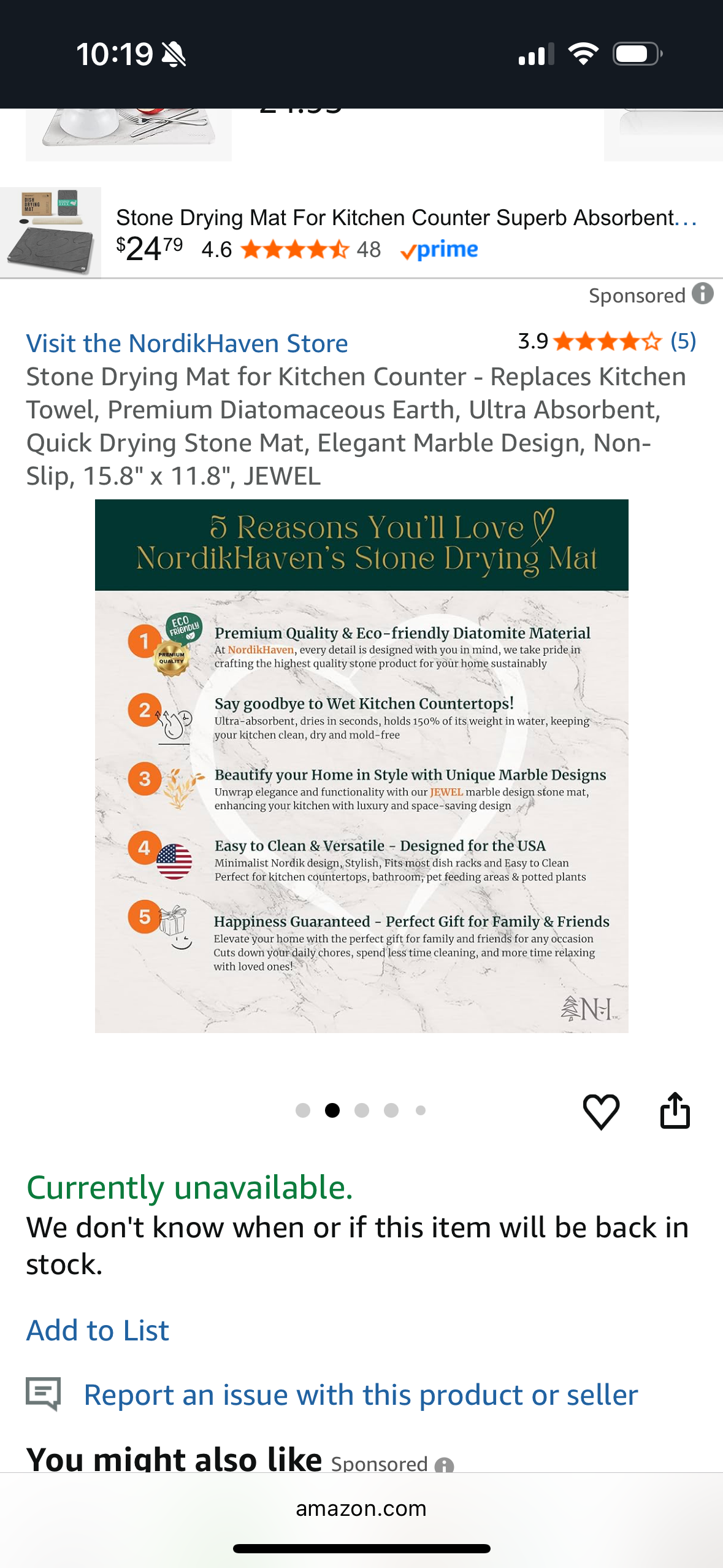 Stone Drying Mat for Kitchen Counter - Replaces Kitchen Towel, Premium Diatomaceous Earth, Ultra Absorbent, Quick Drying Stone Mat, Elegant Marble Design, Non-Slip, 15.8" x 11.8", JEWEL