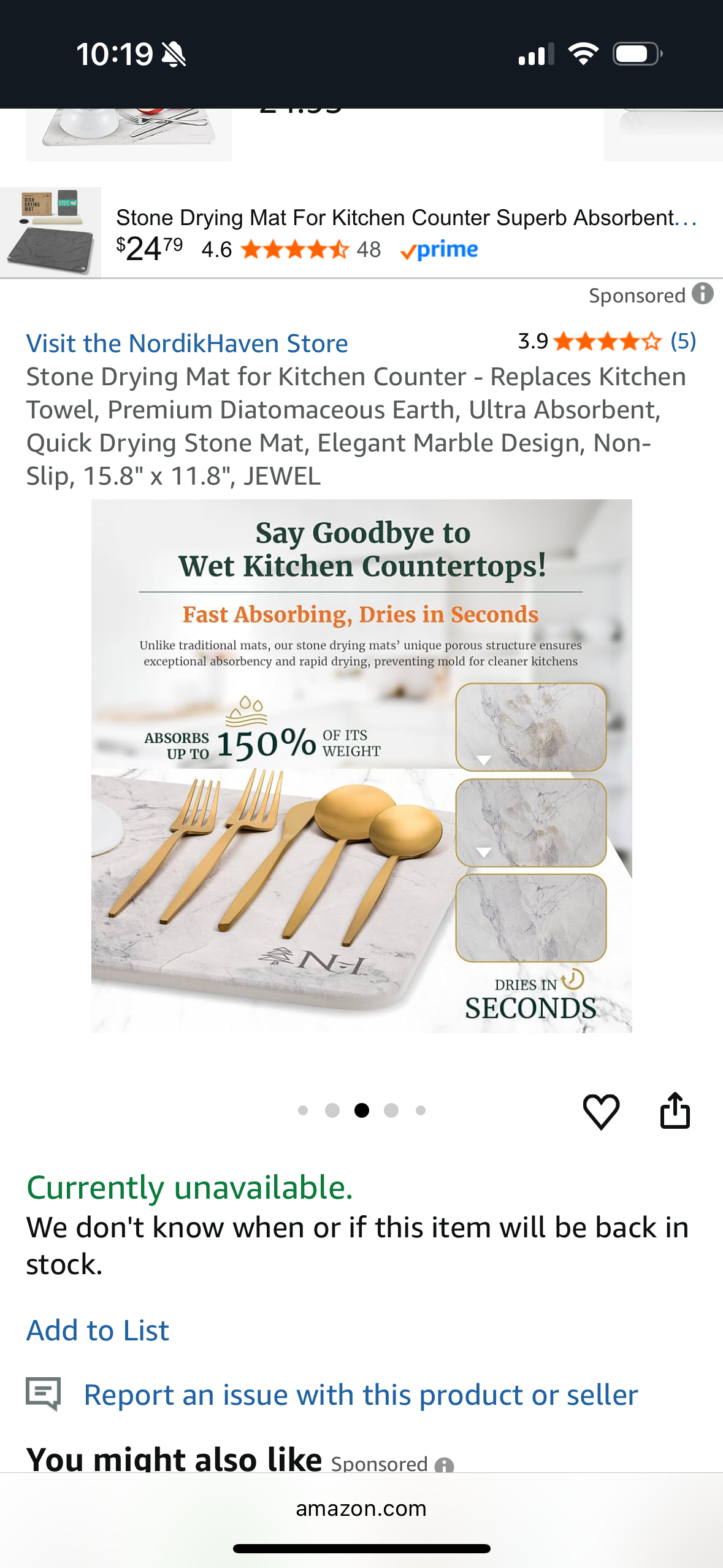 Stone Drying Mat for Kitchen Counter - Replaces Kitchen Towel, Premium Diatomaceous Earth, Ultra Absorbent, Quick Drying Stone Mat, Elegant Marble Design, Non-Slip, 15.8" x 11.8", JEWEL