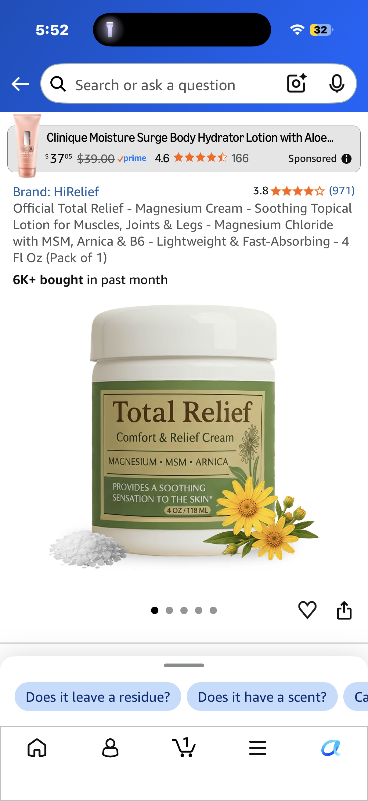 Official Total Relief - Magnesium Cream - Soothing Topical Lotion for Muscles, Joints & Legs - Magnesium Chloride with MSM, Arnica & B6 - Lightweight & Fast-Absorbing - 4 Fl Oz (Pack of 1