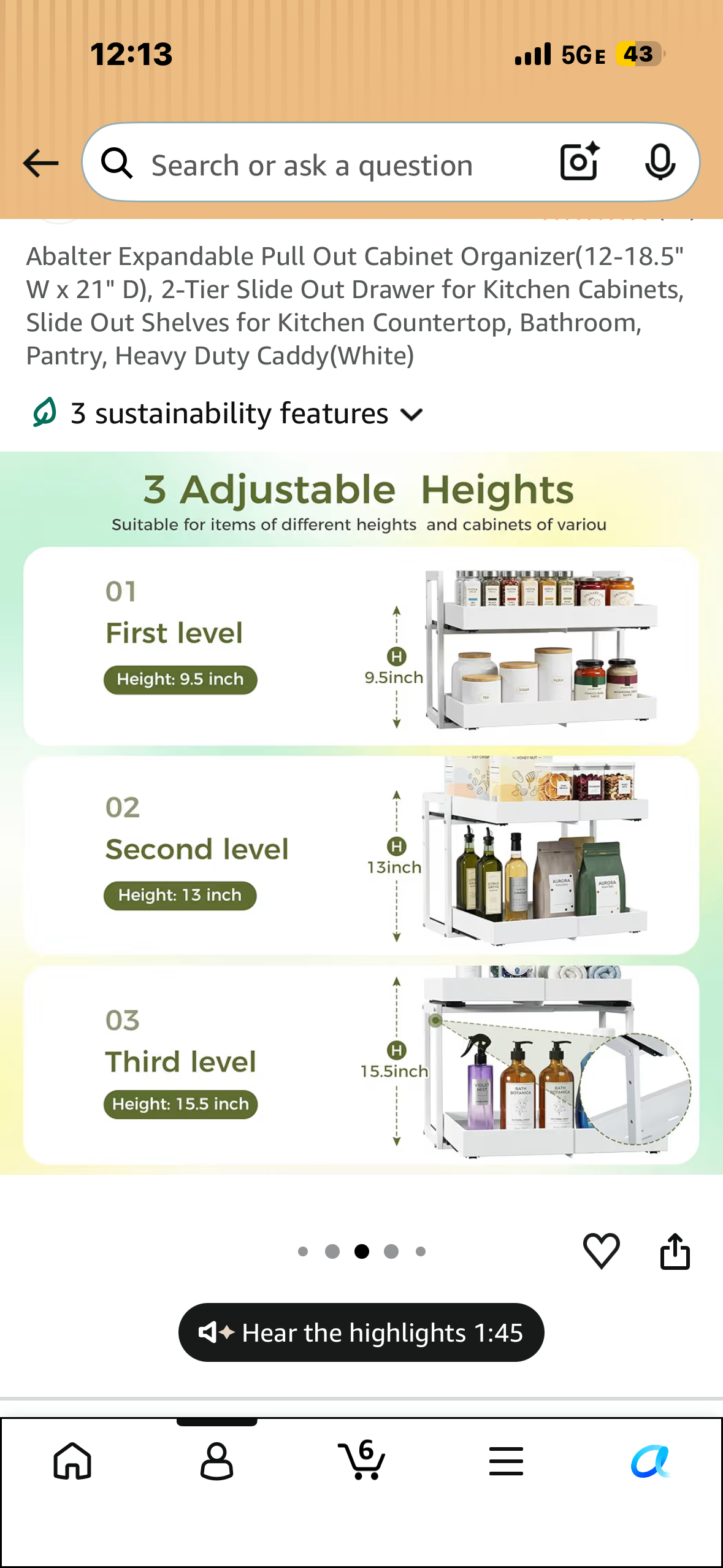 Expandable Pull Out Cabinet Organizer (12-18.5" W x 21" D), 2-Tier Slide Out Drawer for Kitchen Cabinets, Slide Out Shelves for Kitchen Countertop, Bathroom, Pantry, Heavy Duty Caddy (White)