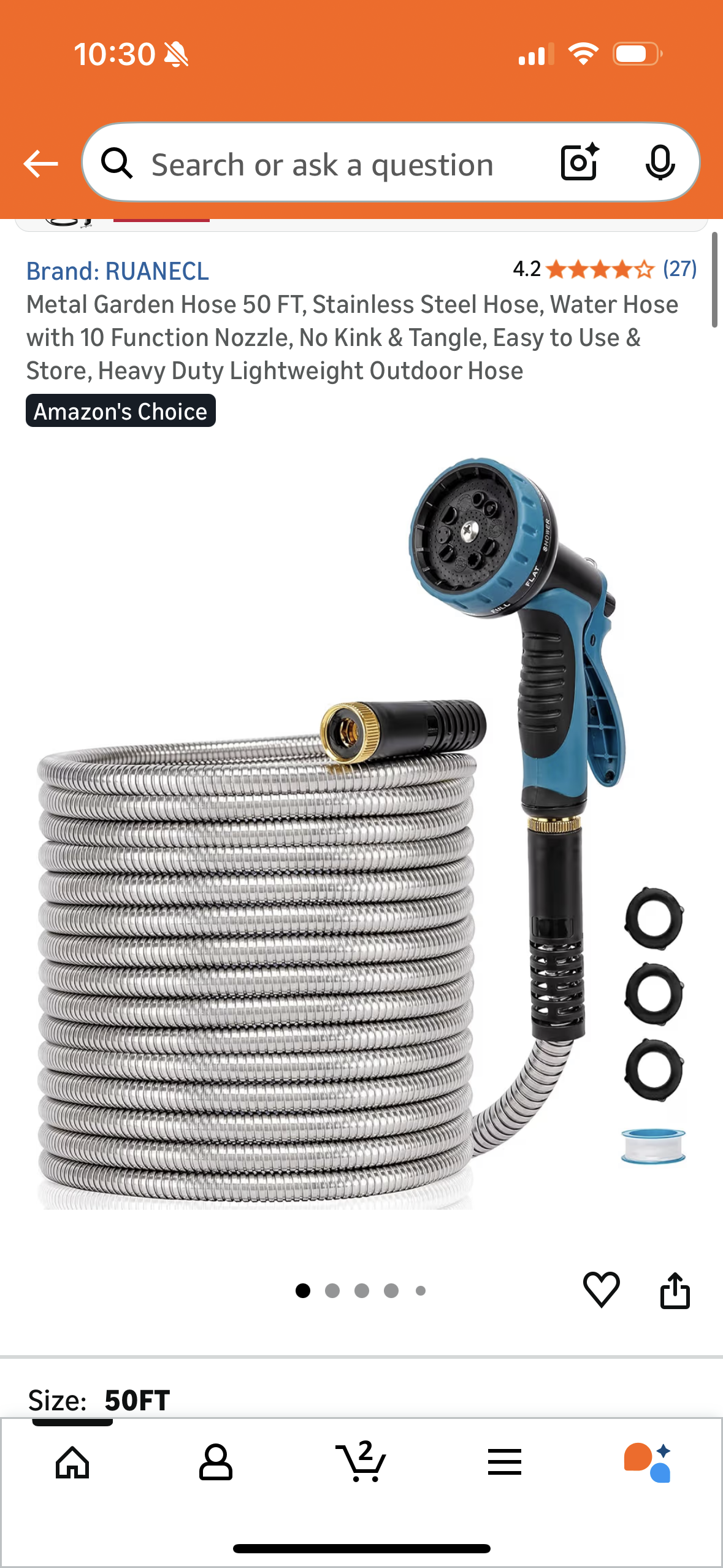 Metal Garden Hose 50 FT, Stainless Steel Hose, Water Hose with 10 Function Nozzle, No Kink & Tangle, Easy to Use & Store, Heavy Duty Lightweight Outdoor Hose