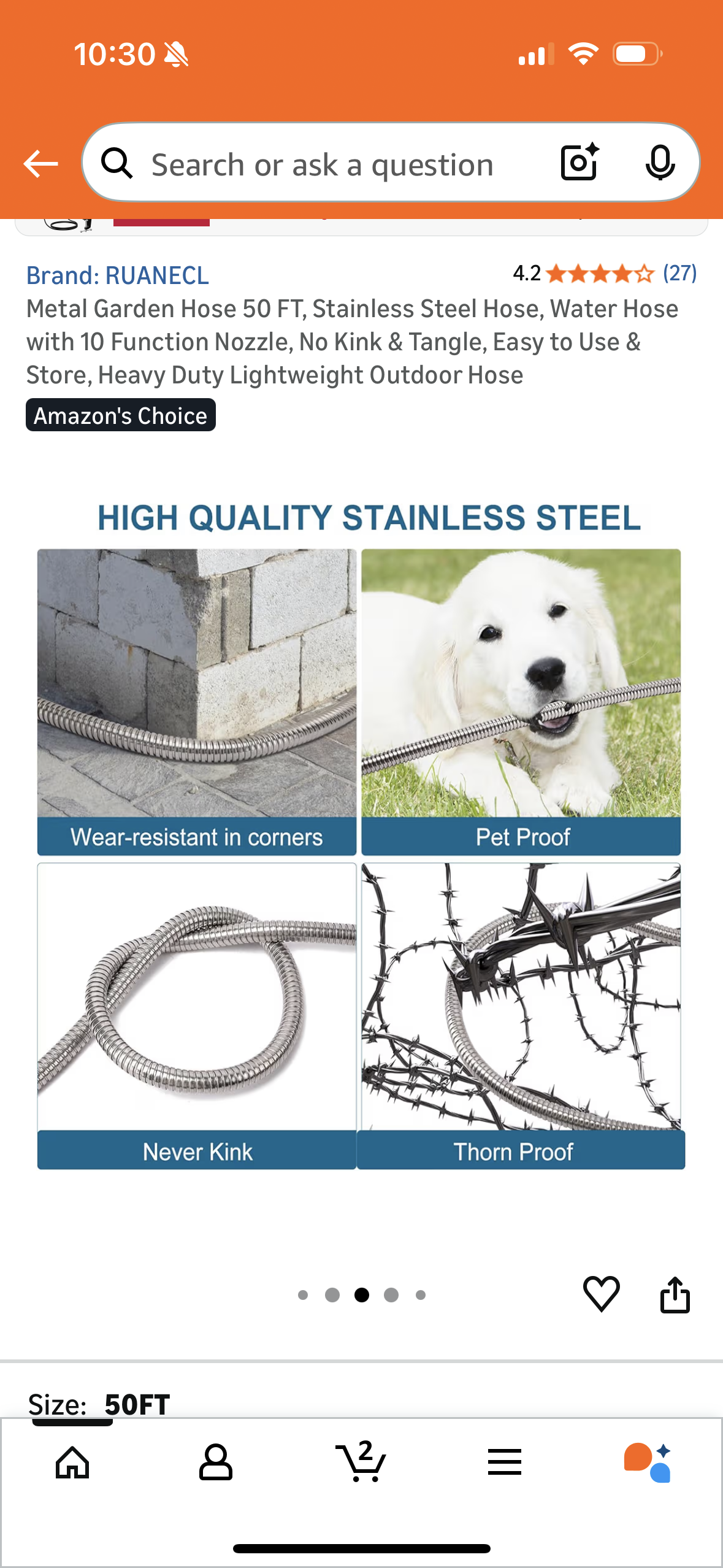 Metal Garden Hose 50 FT, Stainless Steel Hose, Water Hose with 10 Function Nozzle, No Kink & Tangle, Easy to Use & Store, Heavy Duty Lightweight Outdoor Hose