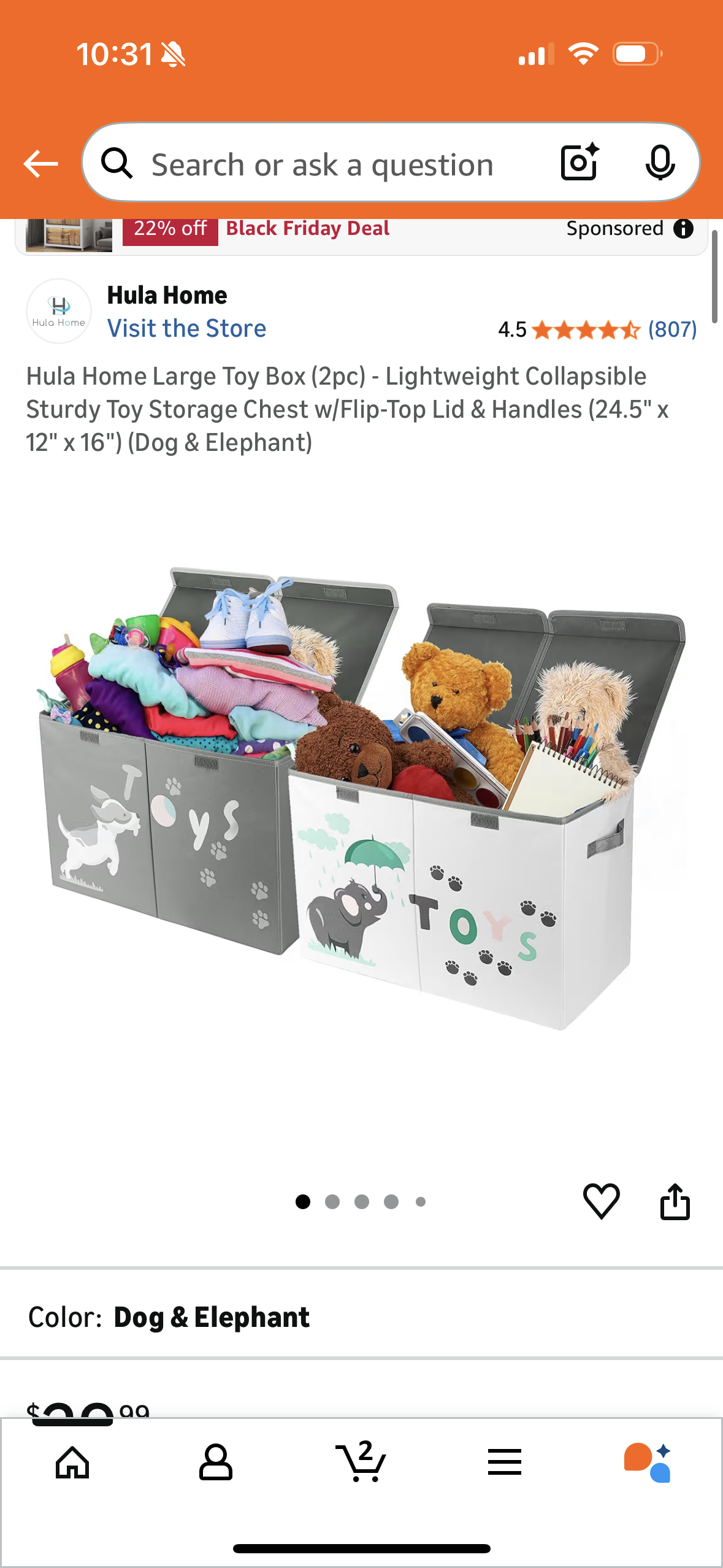 Hula Home Large Toy Box (2pc) - Lightweight Collapsible Sturdy Toy Storage Chest w/Flip-Top Lid & Handles (24.5" x 12" x 16") (Dog & Elephant)