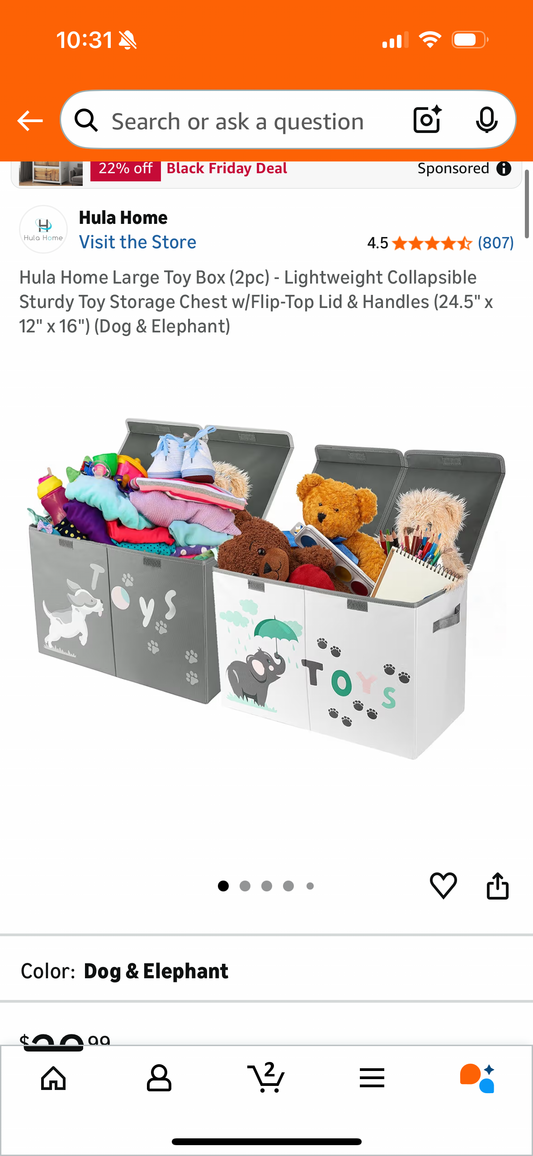 Hula Home Large Toy Box (2pc) - Lightweight Collapsible Sturdy Toy Storage Chest w/Flip-Top Lid & Handles (24.5" x 12" x 16") (Dog & Elephant)
