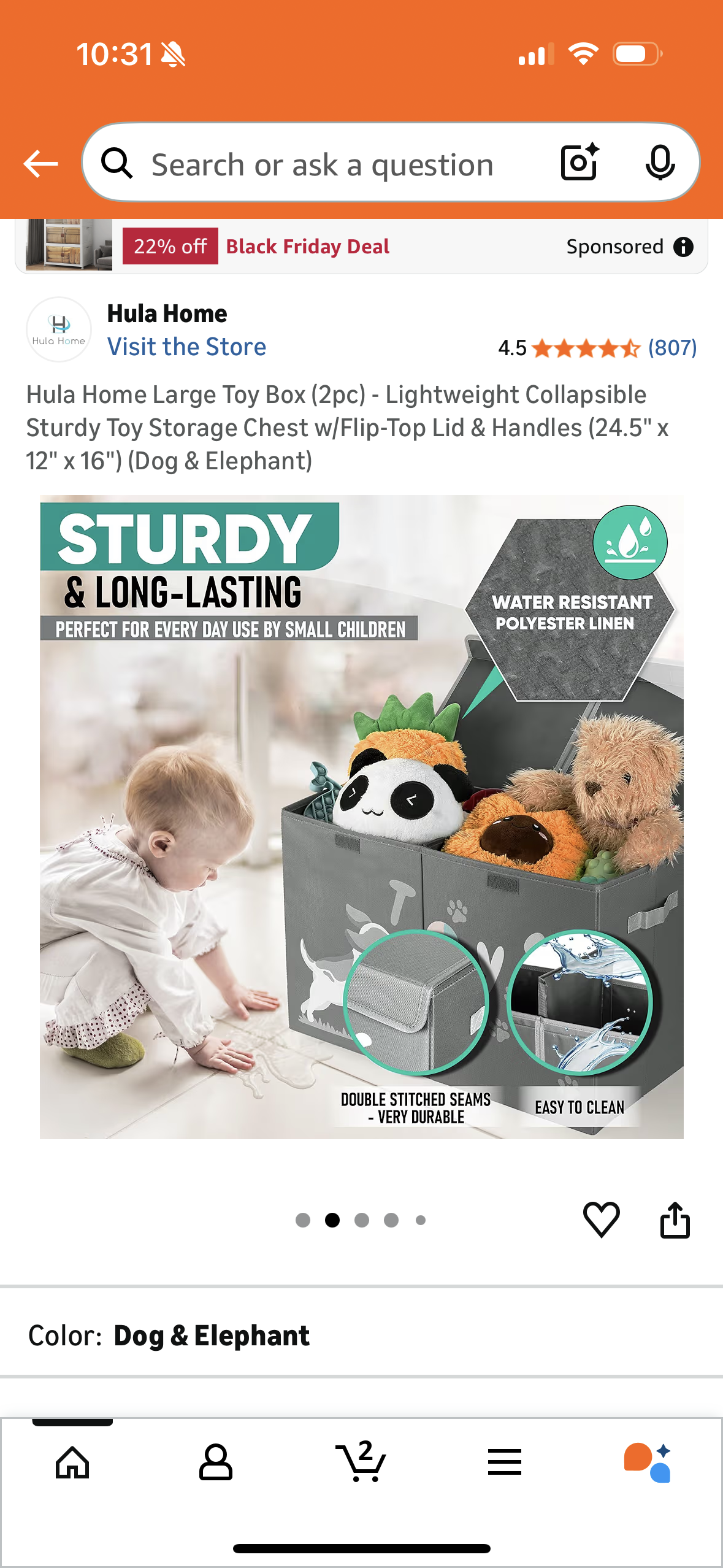 Hula Home Large Toy Box (2pc) - Lightweight Collapsible Sturdy Toy Storage Chest w/Flip-Top Lid & Handles (24.5" x 12" x 16") (Dog & Elephant)