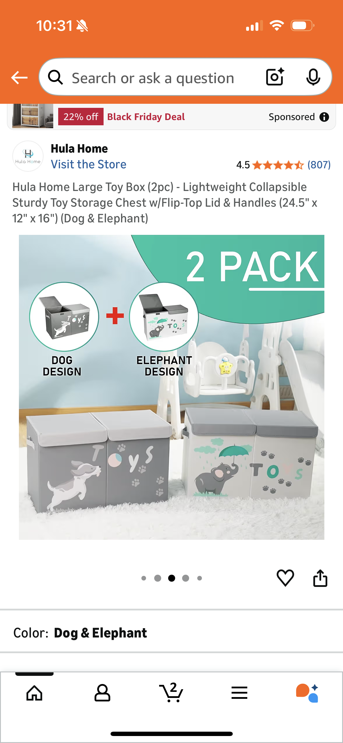Hula Home Large Toy Box (2pc) - Lightweight Collapsible Sturdy Toy Storage Chest w/Flip-Top Lid & Handles (24.5" x 12" x 16") (Dog & Elephant)