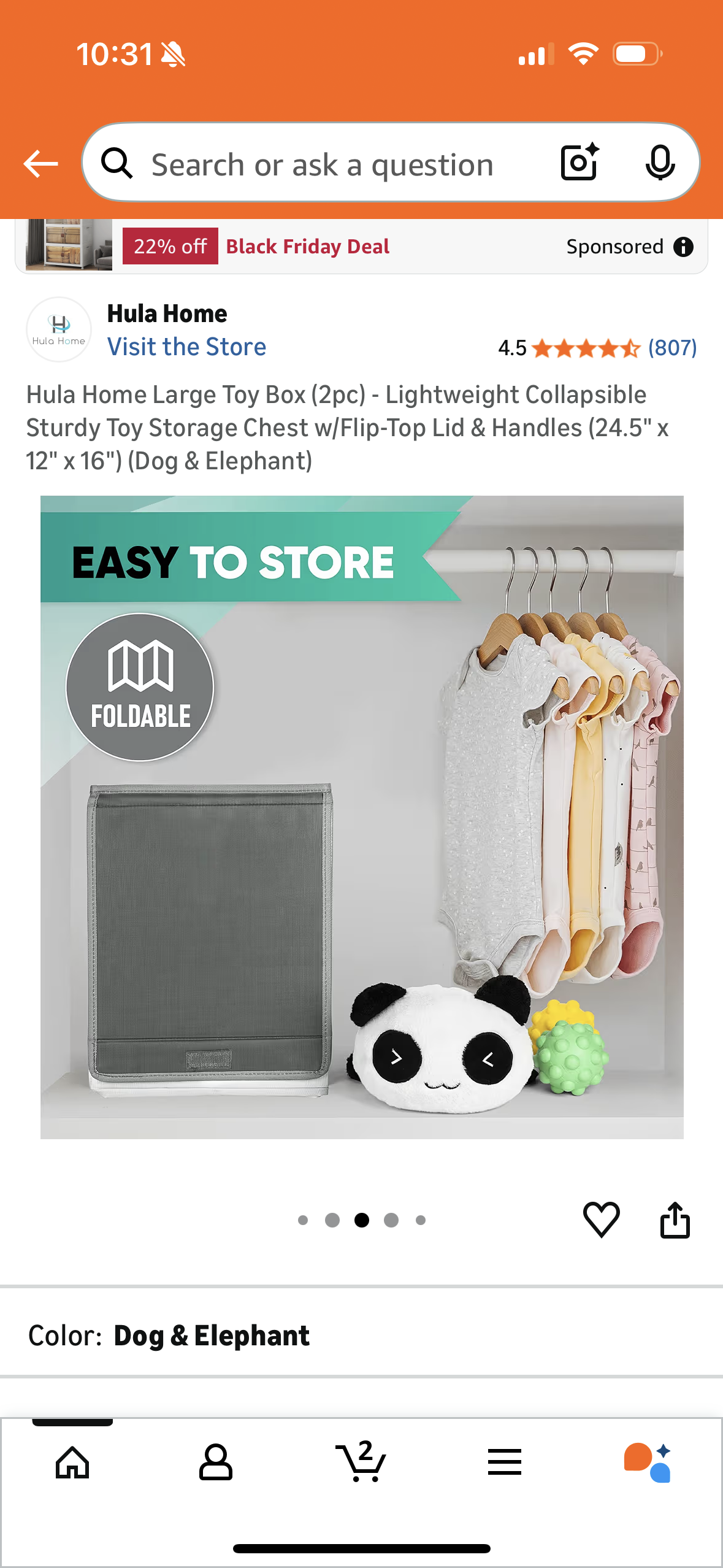 Hula Home Large Toy Box (2pc) - Lightweight Collapsible Sturdy Toy Storage Chest w/Flip-Top Lid & Handles (24.5" x 12" x 16") (Dog & Elephant)