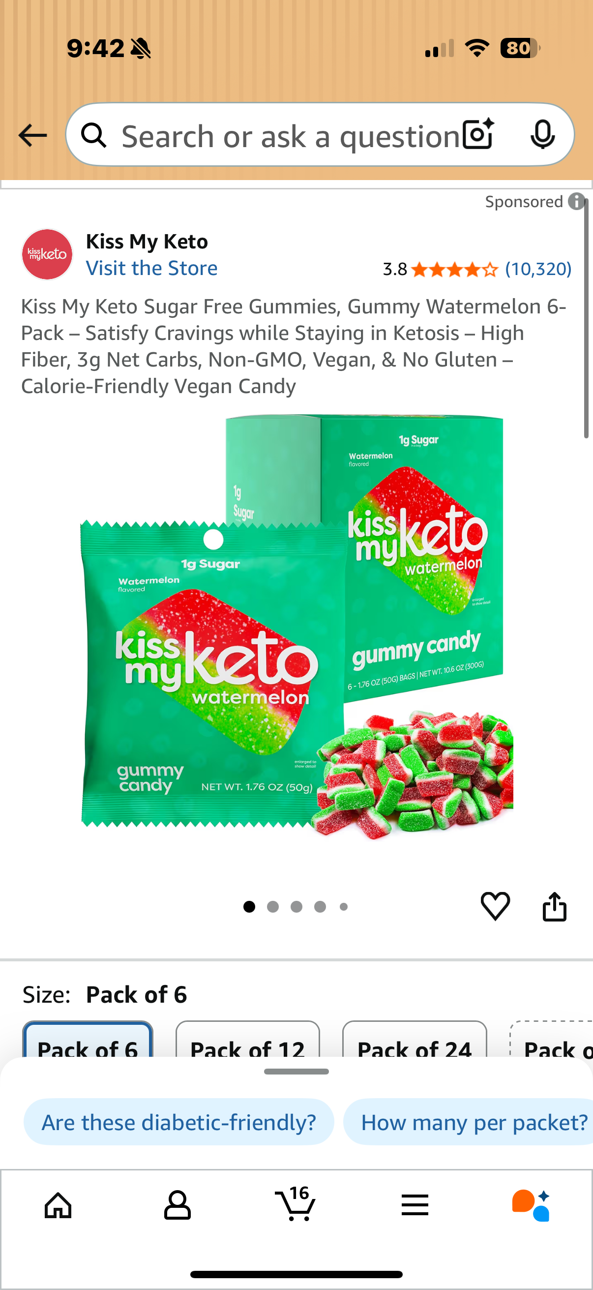 Kiss My Keto Sugar Free Gummies, Gummy Watermelon 6-Pack – Satisfy Cravings while Staying in Ketosis – High Fiber, 3g Net Carbs, Non-GMO, Vegan, & No Gluten – Calorie-Friendly Vegan Candy