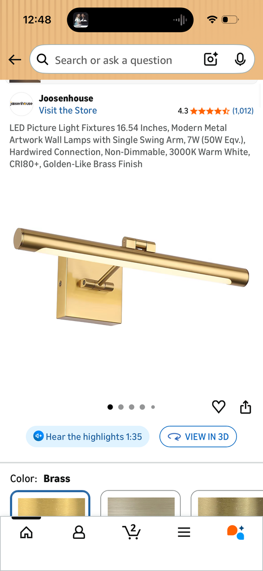 LED Picture Light Fixtures 16.54 Inches, Modern Metal Artwork Wall Lamps with Single Swing Arm, 7W (50W Eqv.), Hardwired Connection, Non-Dimmable, 3000K Warm White, CRI80+, Golden-Like Brass Finish