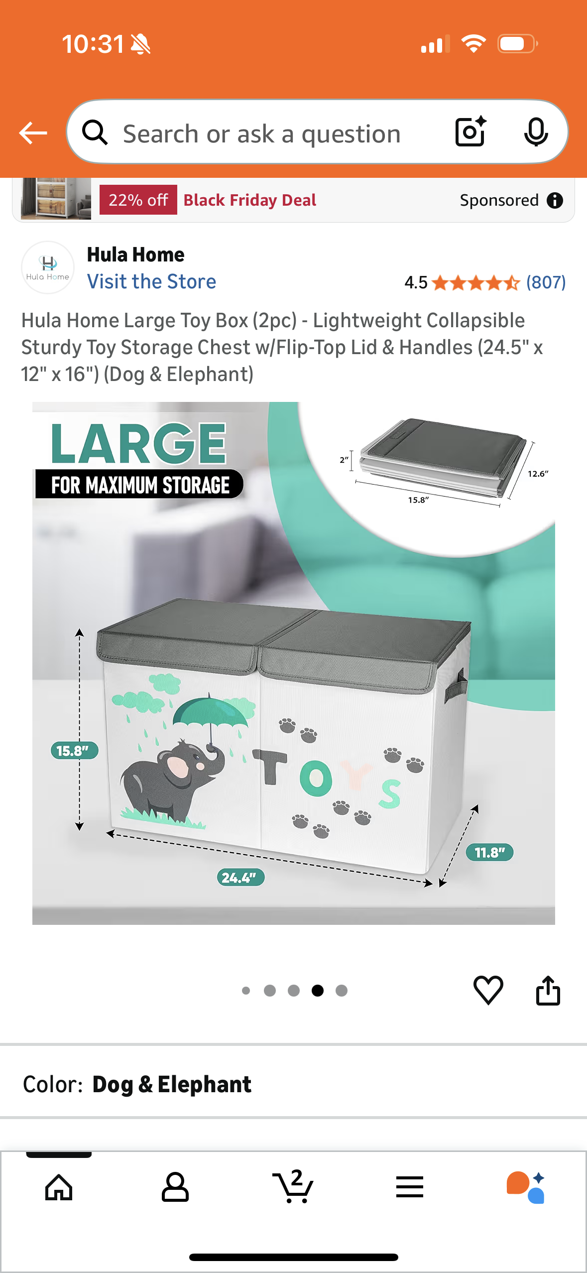 Hula Home Large Toy Box (2pc) - Lightweight Collapsible Sturdy Toy Storage Chest w/Flip-Top Lid & Handles (24.5" x 12" x 16") (Dog & Elephant)