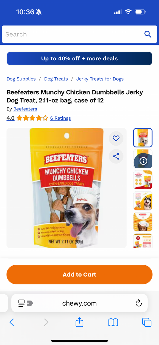 Beefeaters Oven Baked Munchy Chicken Dumbells Dog Treat