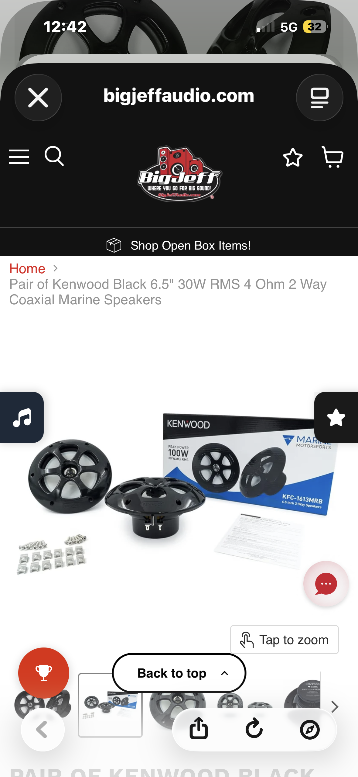 Kenwood KFC-1613MRB Marine Motorsports speaker set, 6.5-inch 2-way marine speakers, 100W peak / 30W RMS, Black