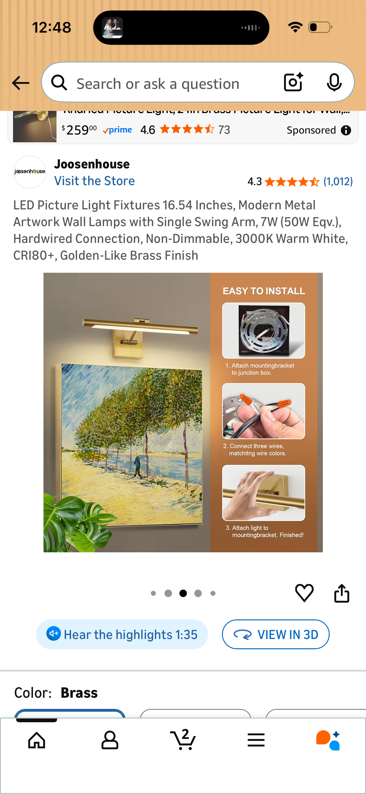 LED Picture Light Fixtures 16.54 Inches, Modern Metal Artwork Wall Lamps with Single Swing Arm, 7W (50W Eqv.), Hardwired Connection, Non-Dimmable, 3000K Warm White, CRI80+, Golden-Like Brass Finish