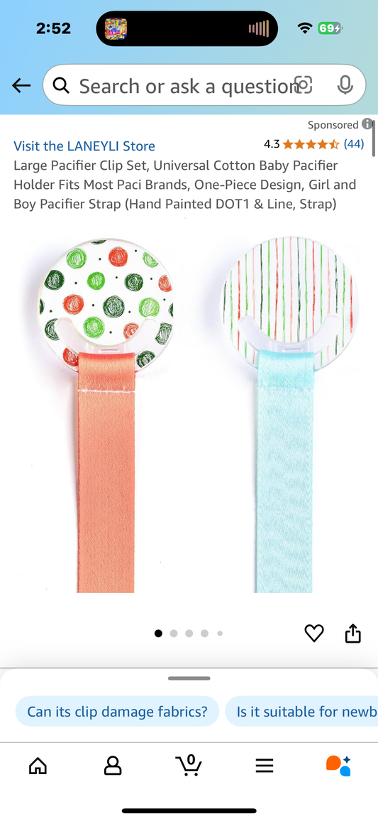 Large Pacifier Clip Set, Universal Cotton Baby Pacifier Holder Fits Most Paci Brands, One-Piece Design, Girl and Boy Pacifier Strap (Hand Painted DOT1 & Line, Strap