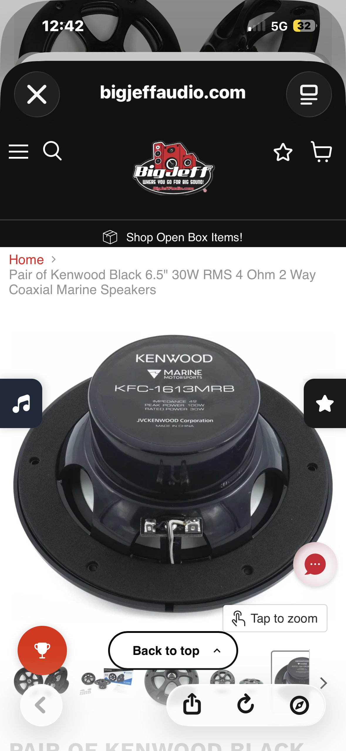 Kenwood KFC-1613MRB Marine Motorsports speaker set, 6.5-inch 2-way marine speakers, 100W peak / 30W RMS, Black