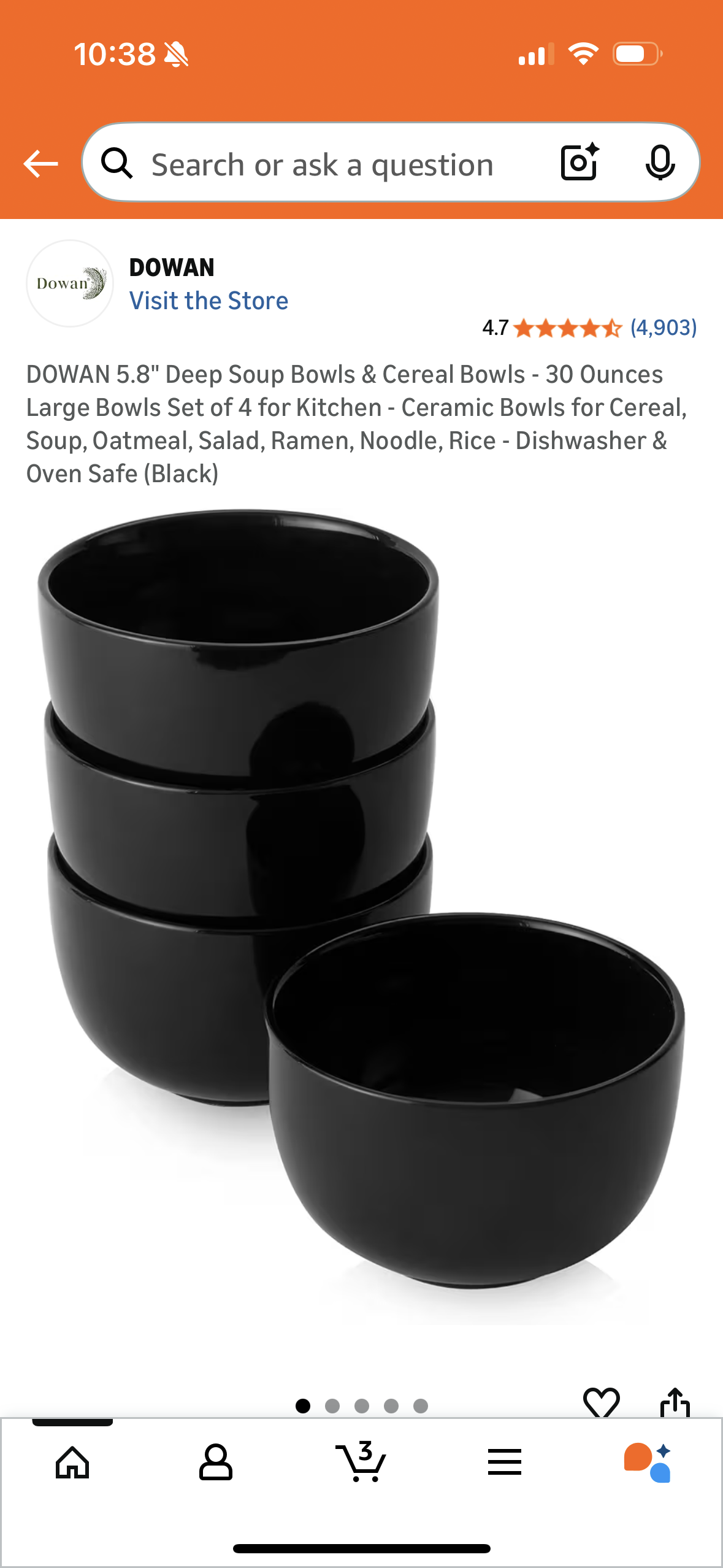 DOWAN 5.8" Deep Soup Bowls & Cereal Bowls - 30 Ounces Large Bowls Set of 4 for Kitchen - Ceramic Bowls for Cereal, Soup, Oatmeal, Salad, Ramen, Noodle, Rice - Dishwasher & Oven Safe (Black)