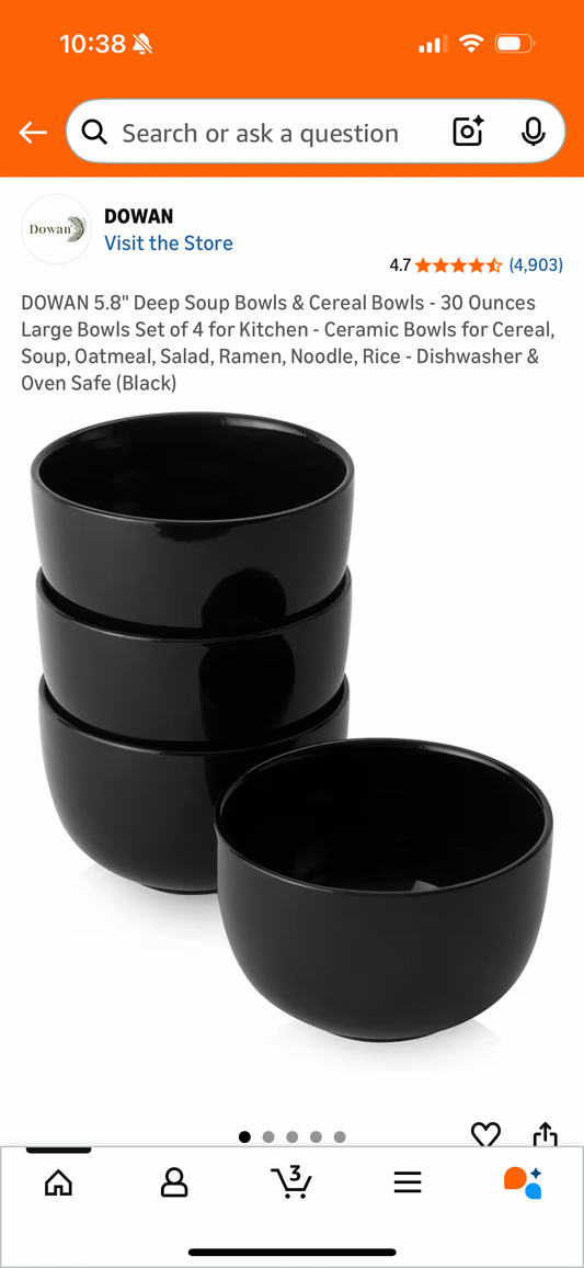 DOWAN 5.8" Deep Soup Bowls & Cereal Bowls - 30 Ounces Large Bowls Set of 4 for Kitchen - Ceramic Bowls for Cereal, Soup, Oatmeal, Salad, Ramen, Noodle, Rice - Dishwasher & Oven Safe (Black)