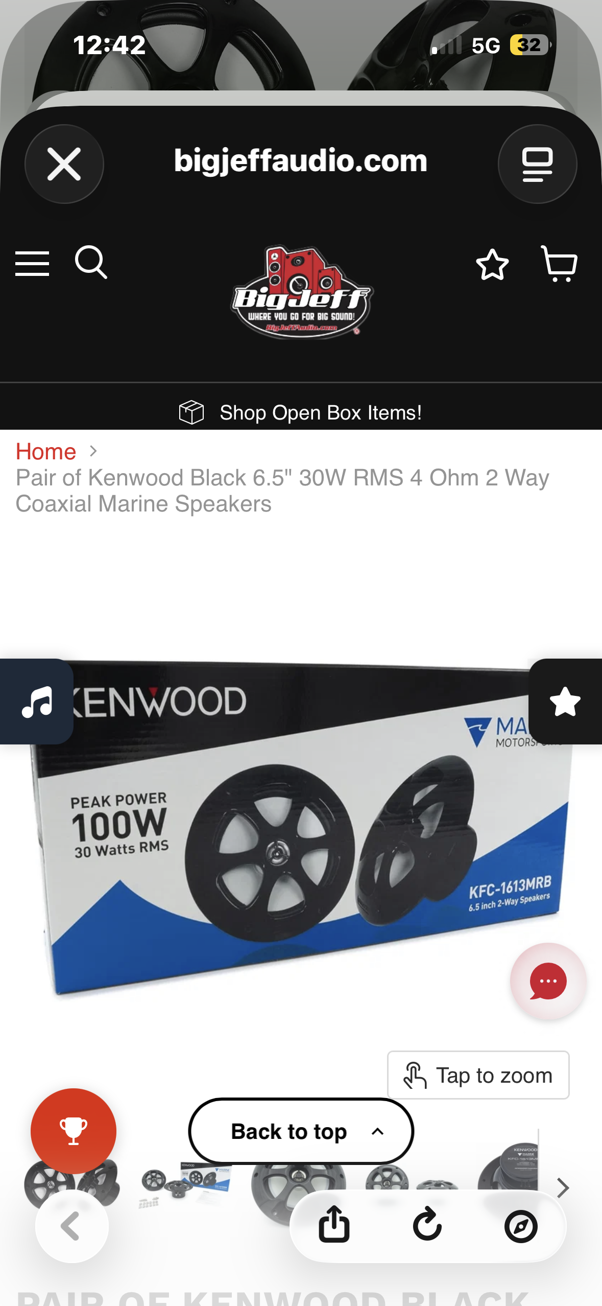 Kenwood KFC-1613MRB Marine Motorsports speaker set, 6.5-inch 2-way marine speakers, 100W peak / 30W RMS, Black