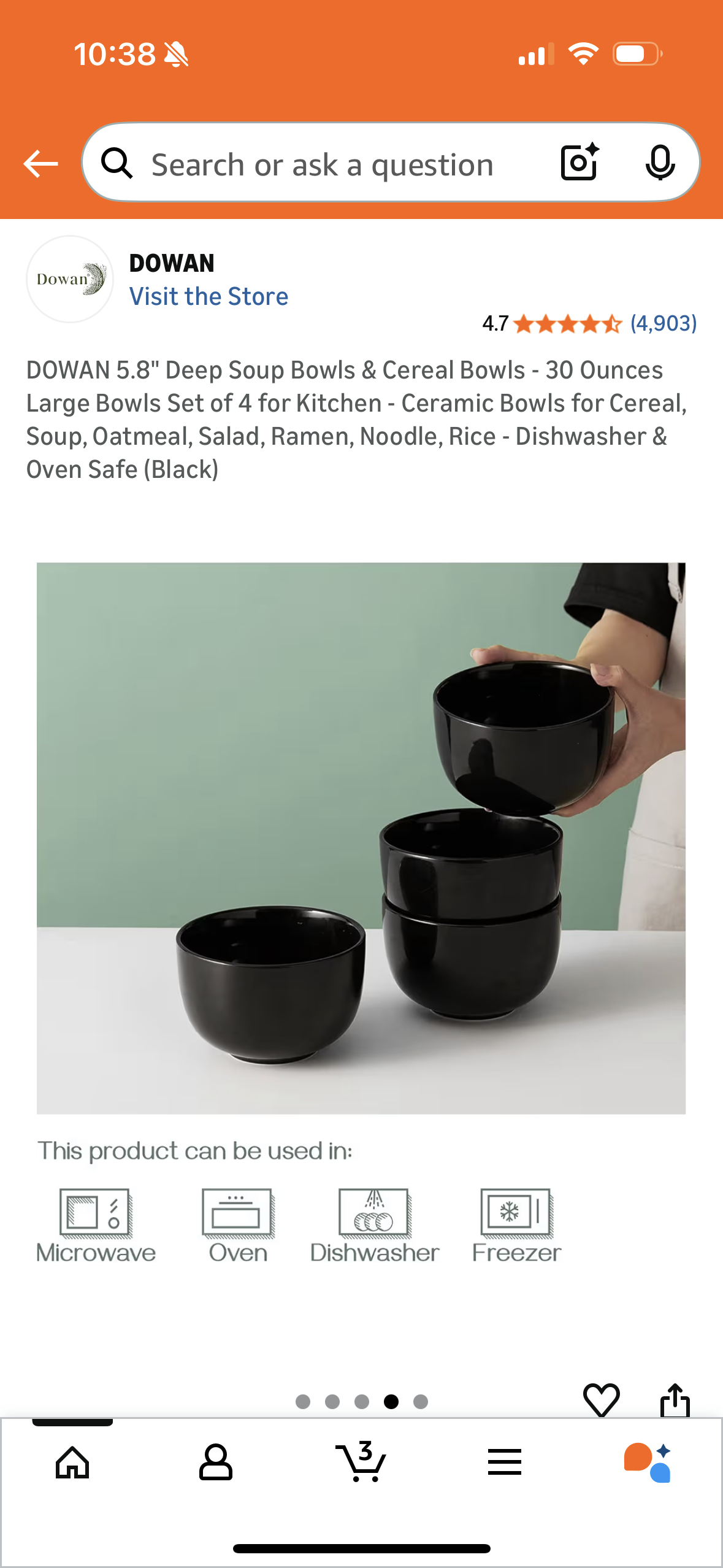 DOWAN 5.8" Deep Soup Bowls & Cereal Bowls - 30 Ounces Large Bowls Set of 4 for Kitchen - Ceramic Bowls for Cereal, Soup, Oatmeal, Salad, Ramen, Noodle, Rice - Dishwasher & Oven Safe (Black)