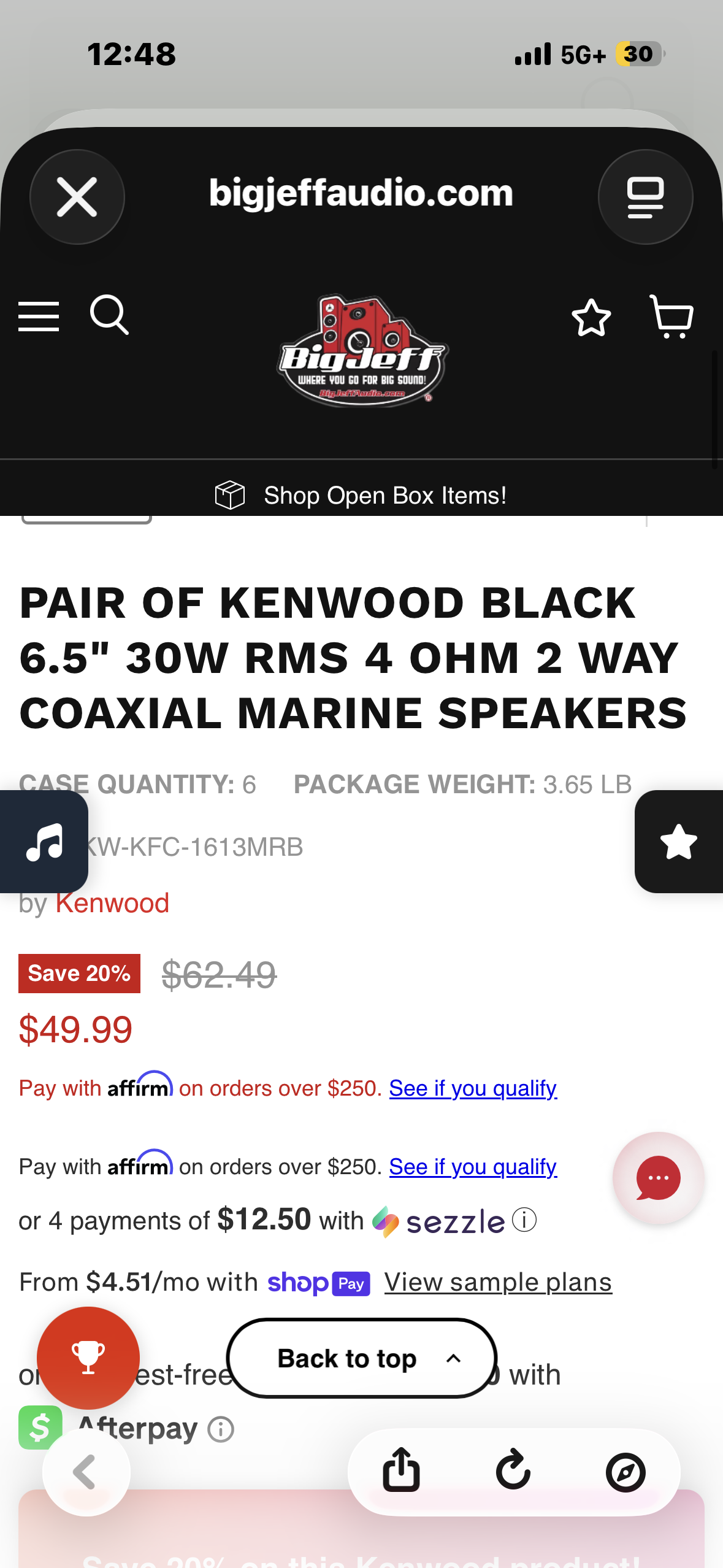 Kenwood KFC-1613MRB Marine Motorsports speaker set, 6.5-inch 2-way marine speakers, 100W peak / 30W RMS, Black