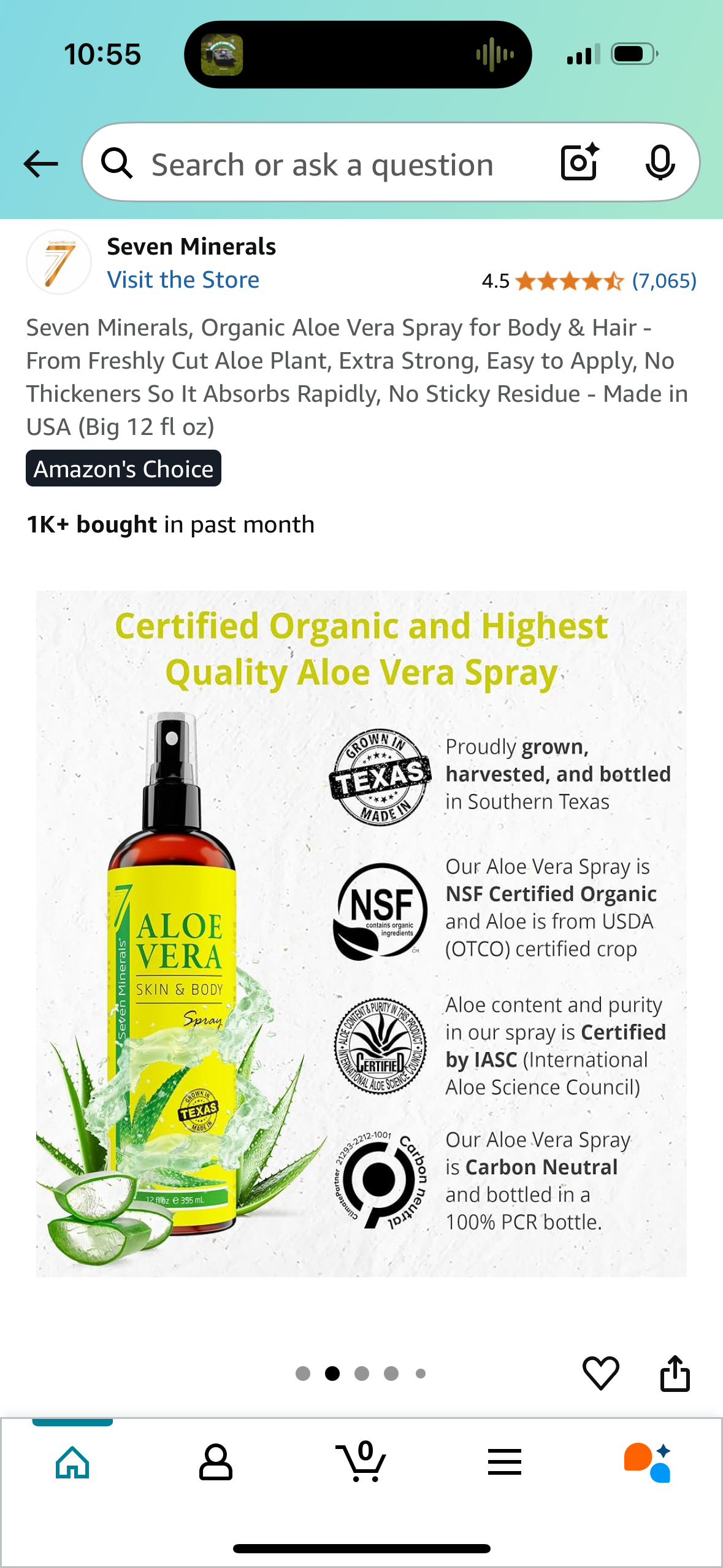 Seven Minerals, Organic Aloe Vera Spray for Body & Hair - From Freshly Cut Aloe Plant, Extra Strong, Easy to Apply, No Thickeners So It Absorbs Rapidly, No Sticky Residue - Made in USA (Big 12 fl oz)