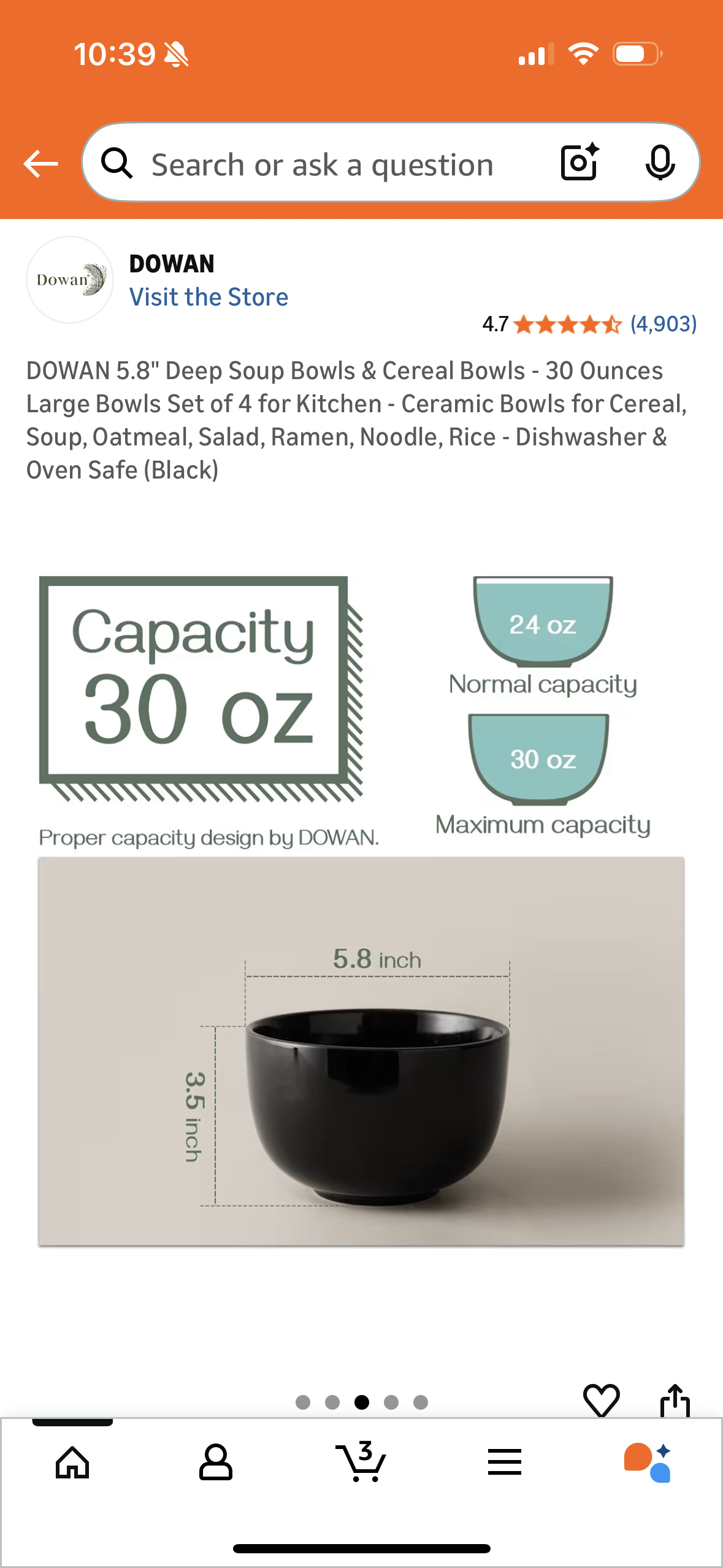 DOWAN 5.8" Deep Soup Bowls & Cereal Bowls - 30 Ounces Large Bowls Set of 4 for Kitchen - Ceramic Bowls for Cereal, Soup, Oatmeal, Salad, Ramen, Noodle, Rice - Dishwasher & Oven Safe (Black)