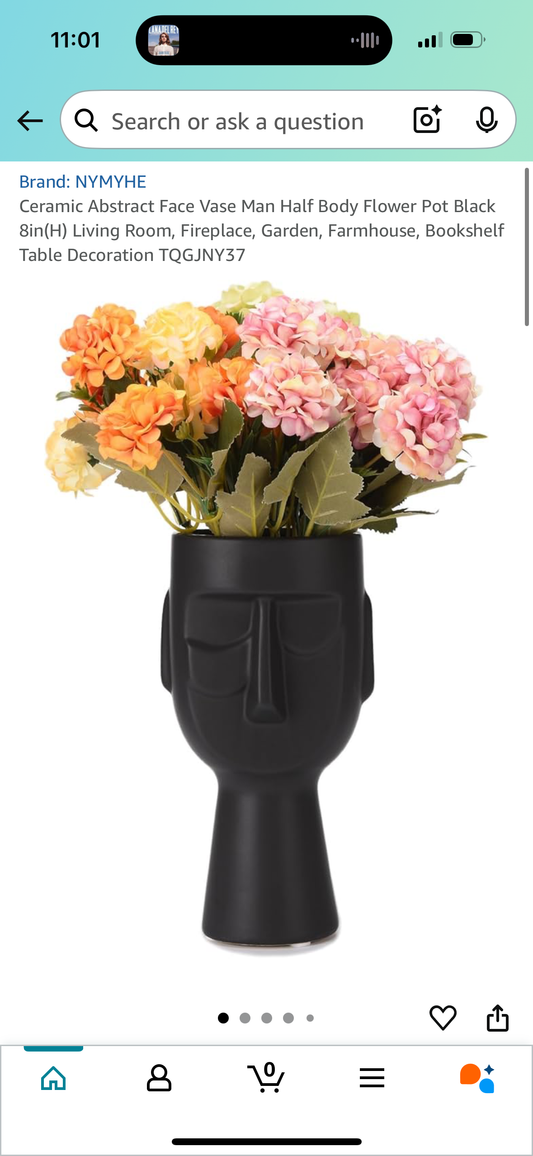 Ceramic Abstract Face Vase Man Half Body Flower Pot Black 8in(H) Living Room, Fireplace, Garden, Farmhouse, Bookshelf Table Decoration